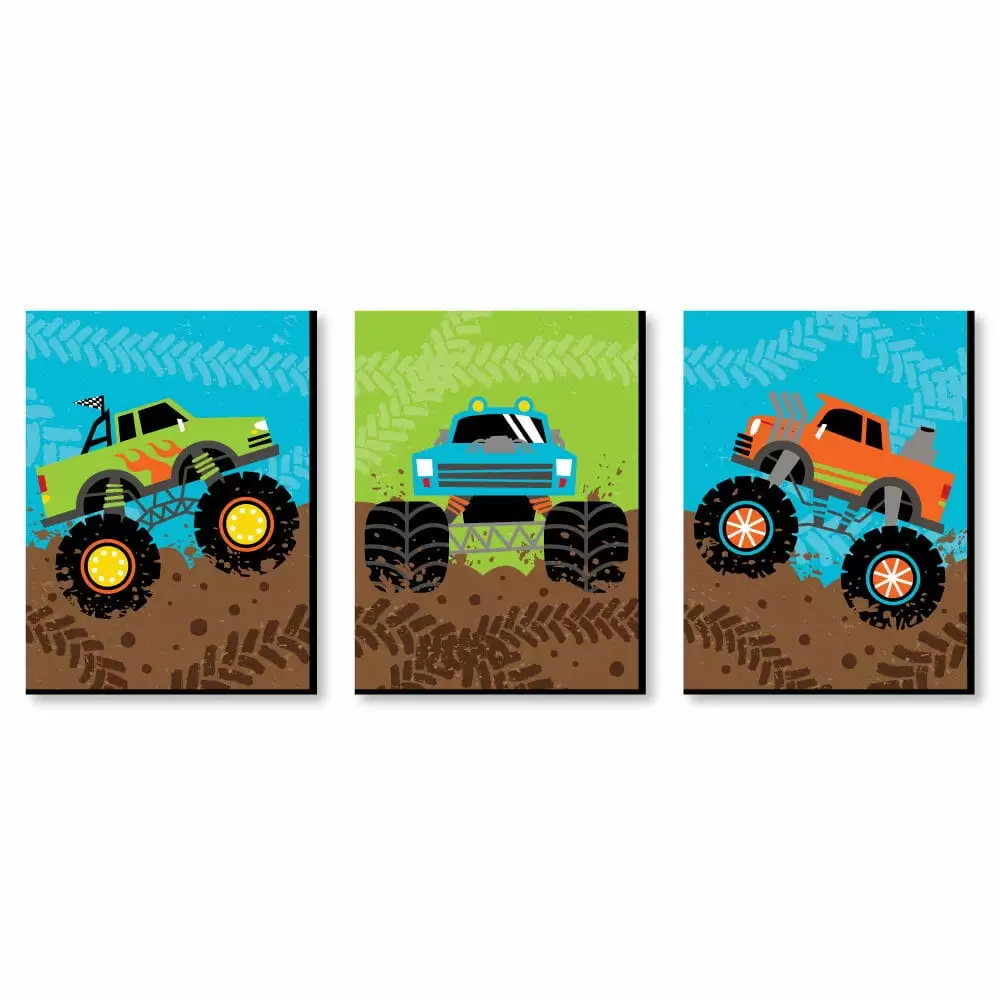 Smash and Crash - Monster Truck - Boy Nursery Wall Art and Kids Room Decor - 7.5 x 10 inches - Set of 3 Prints