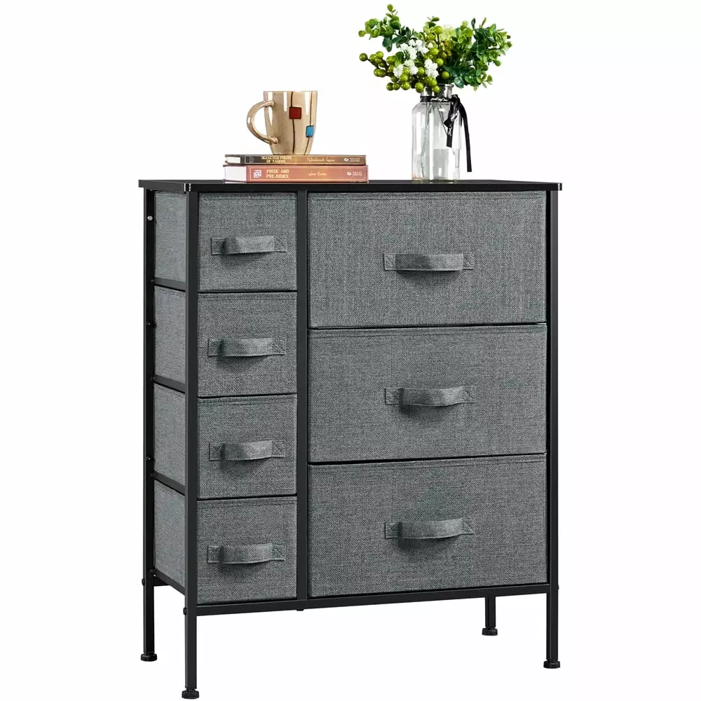 SmileMart 7-Drawer Fabric Storage Tower with Black Metal Frame. Dark Gray