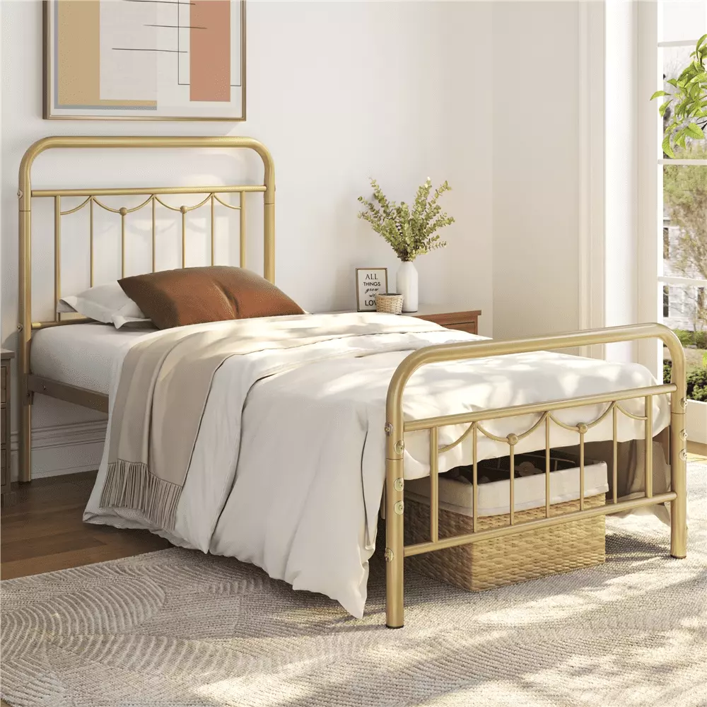 Alden Design Metal Platform Twin Bed with Vintage Headboard and Footboard. Antique Gold