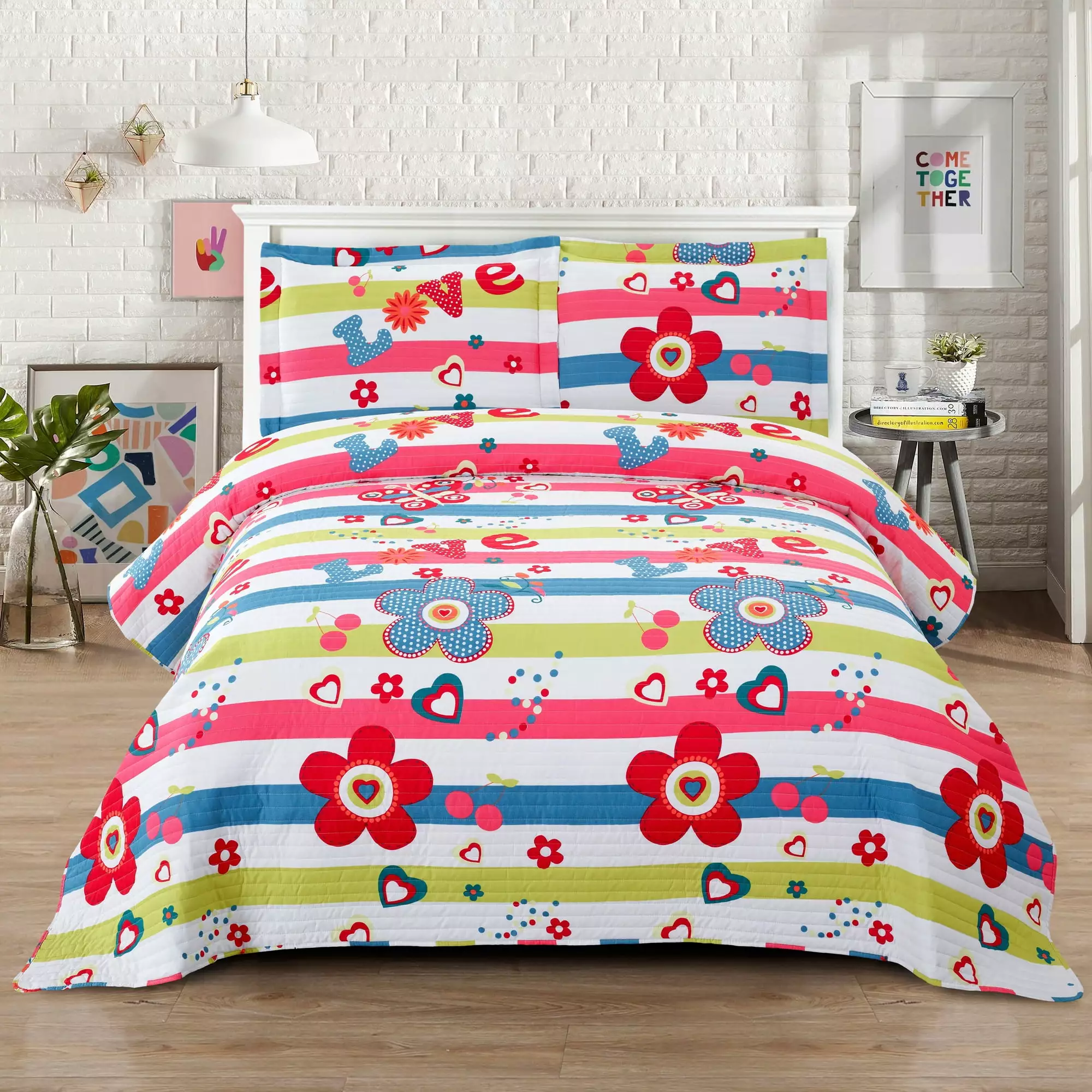 Smuge Floral Quilt Set Queen Size Love Flower Quilt Lightweight Microfiber Bedspread Bedding Set