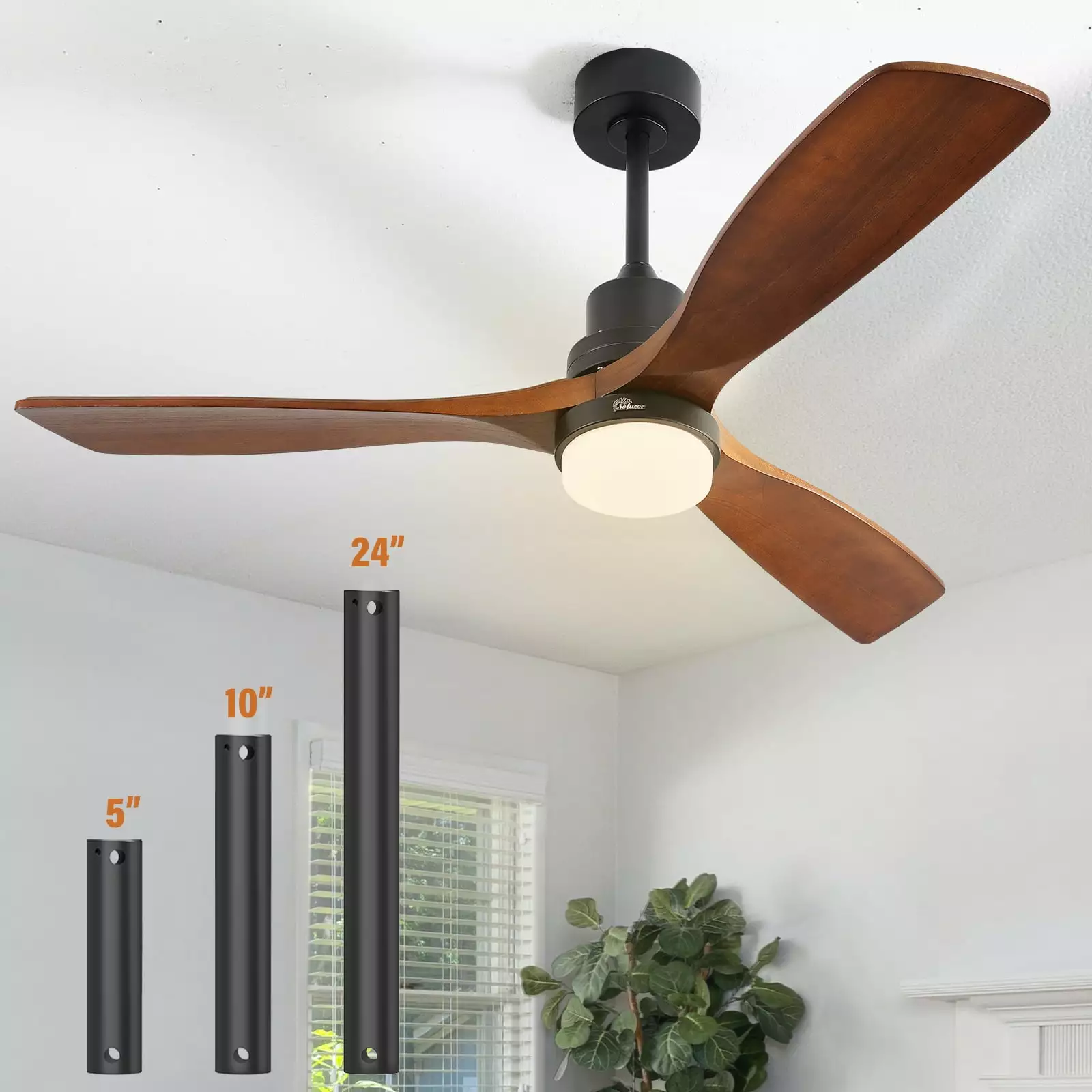 Sofucor 52 Modern Ceiling Fan with Light and Remote Control. 3 Wood Blades and Reverse Airflow. Black