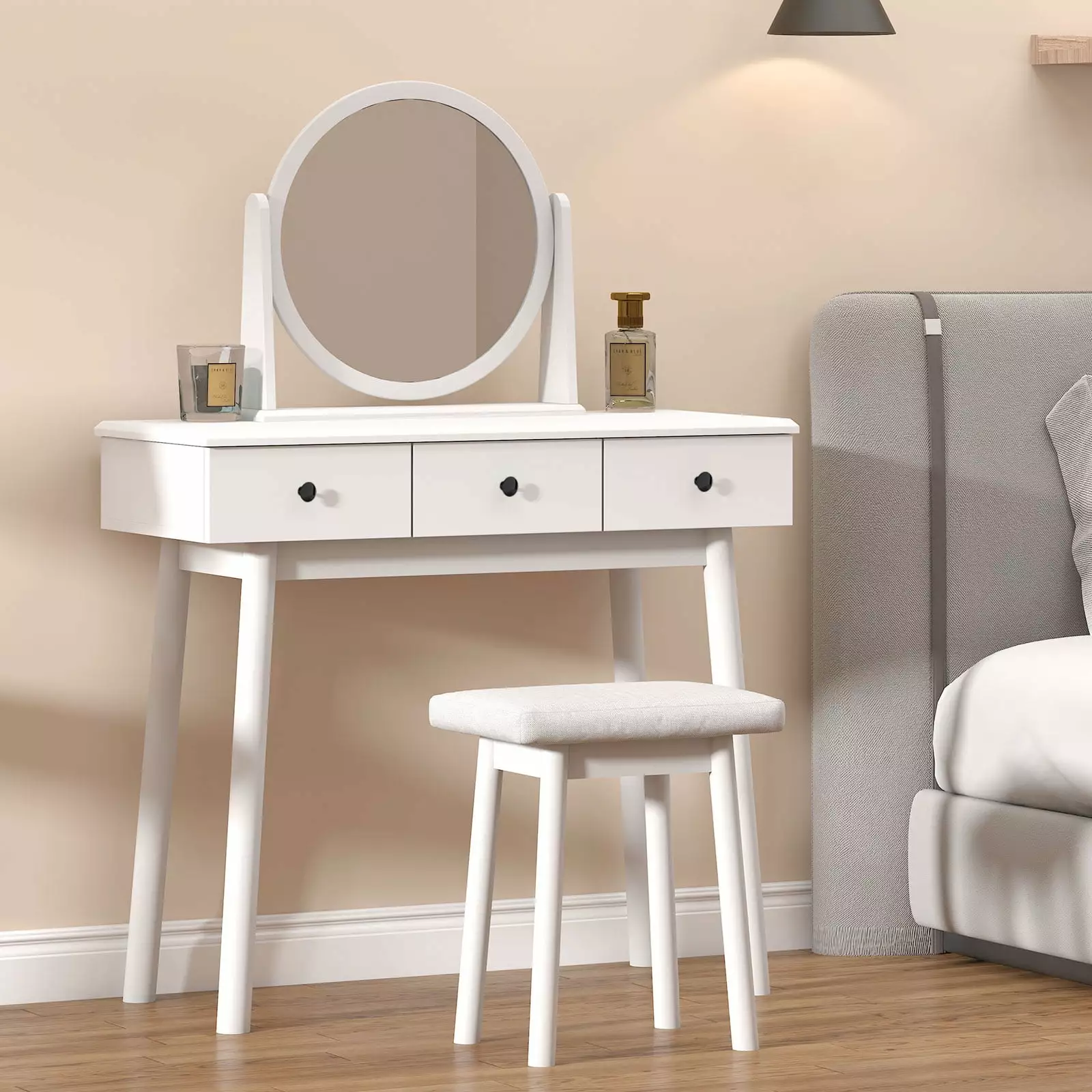 Soges Vanity Table Set with 360?? Pivoting Mirror. Makeup Dressing Table with 3 Drawers and Stool. Modern White