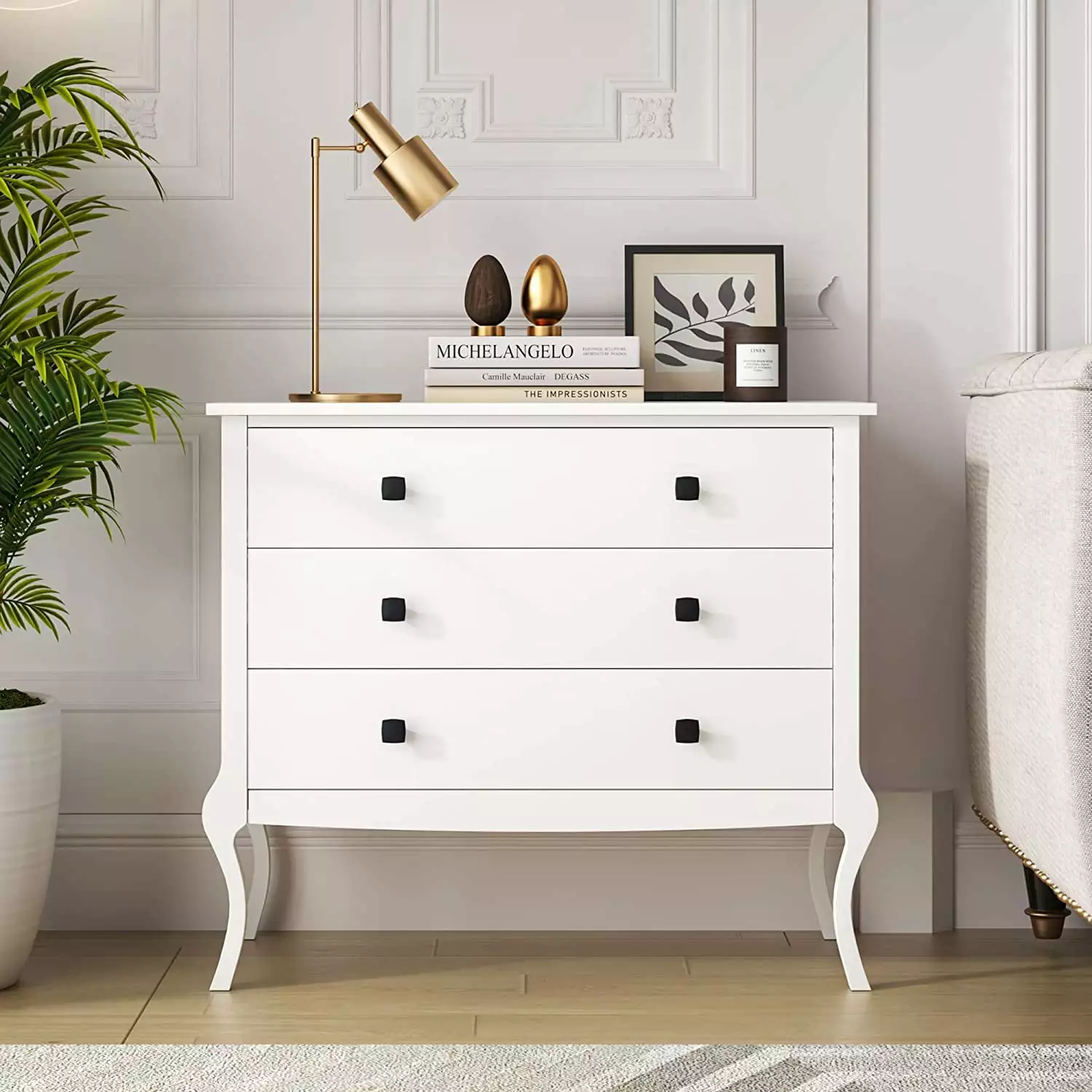 Soges White Dresser 3-Drawers Storage Cabinet with Wide Drawers and Curved Legs. Wooden Chest of Drawers Storage Organizer for Living Room Bedroom Entryway