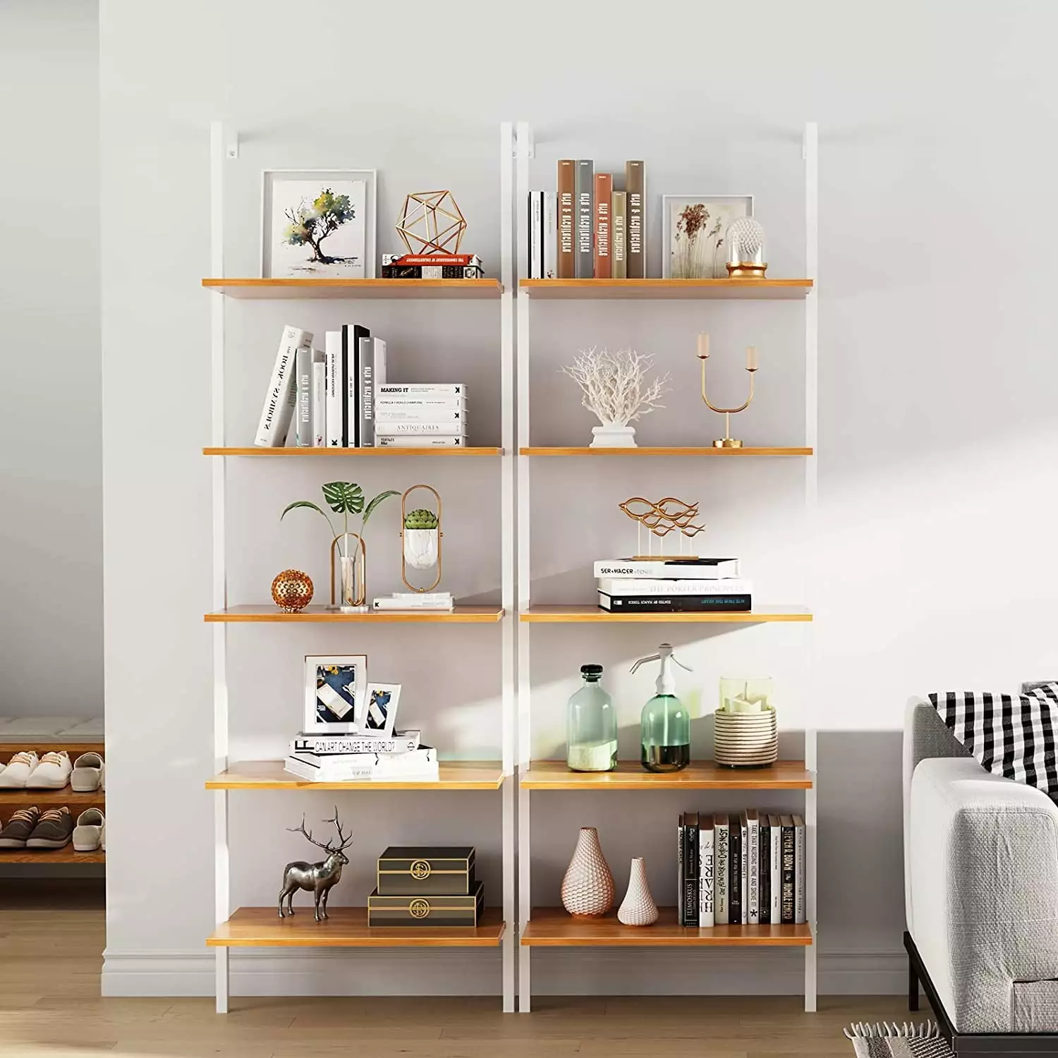 SogesPower 5-Tier Bookshelf with Metal Frame. Wall-Mounted Ladder Shelf. Bookcase Plant Flower Display Stand for Kitchen. Living Room. Bedroom. Office