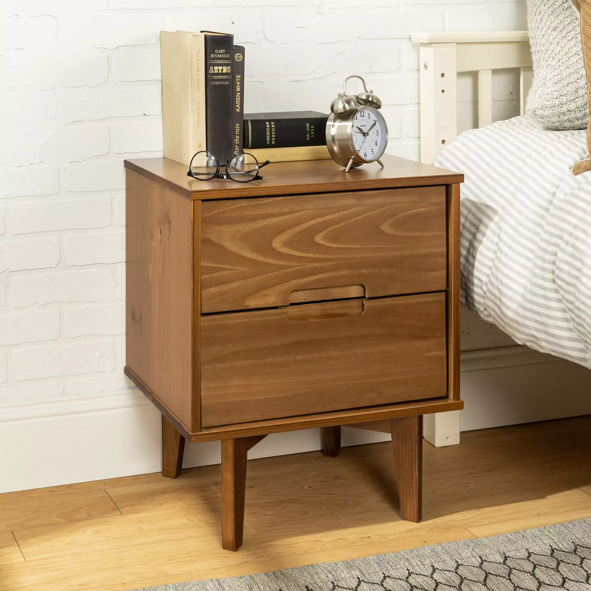 Solid Oak Wood Nightstand. Bedside Table with 2 Drawer. Mid-Century Luxury Night Stand Sofa Side End Table. Easy Assembly. Natural Color