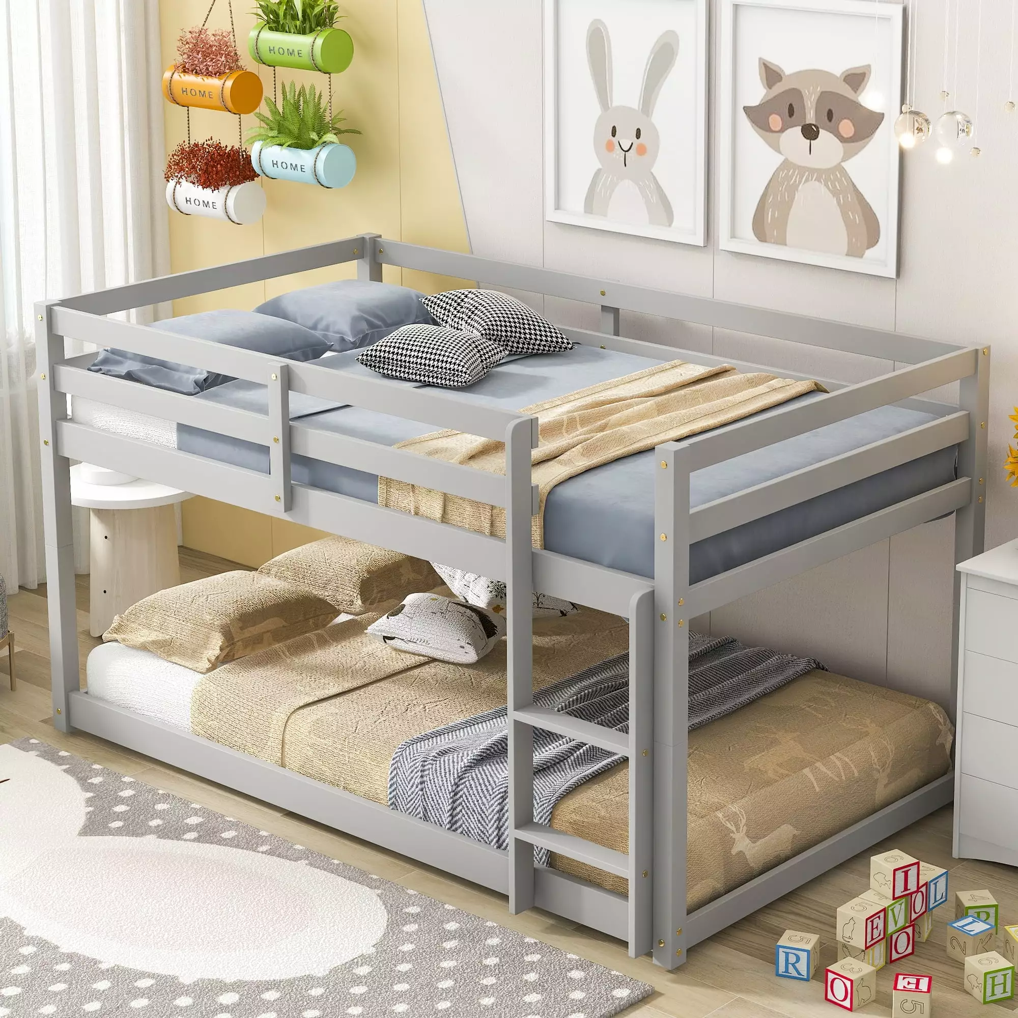 Solid Wood Low Bunk Bed for Kids. Twin Over Twin Floor Bunk Bed with Safety Rail. Ladder. Heavy Duty Bunk Beds Mattress Foundation for Boys Girls. Space-Saving Bedroom Dorm Furniture. Gray