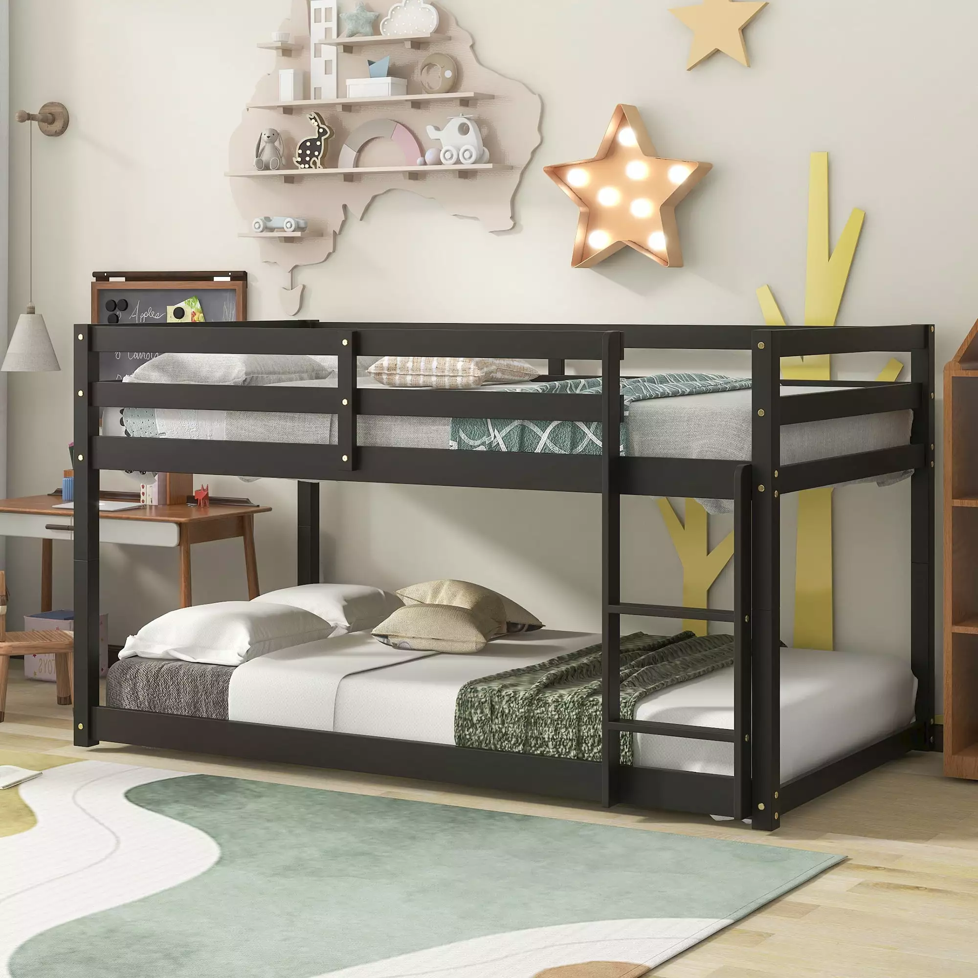 Solid Wood Twin Over Twin Floor Bunk Bed for Kids. Low Bunk Bed with Safety Rail. Ladder. Heavy Duty Bunk Beds Mattress Foundation for Boys Girls. Space-Saving Bedroom Dorm Furniture. Espresso