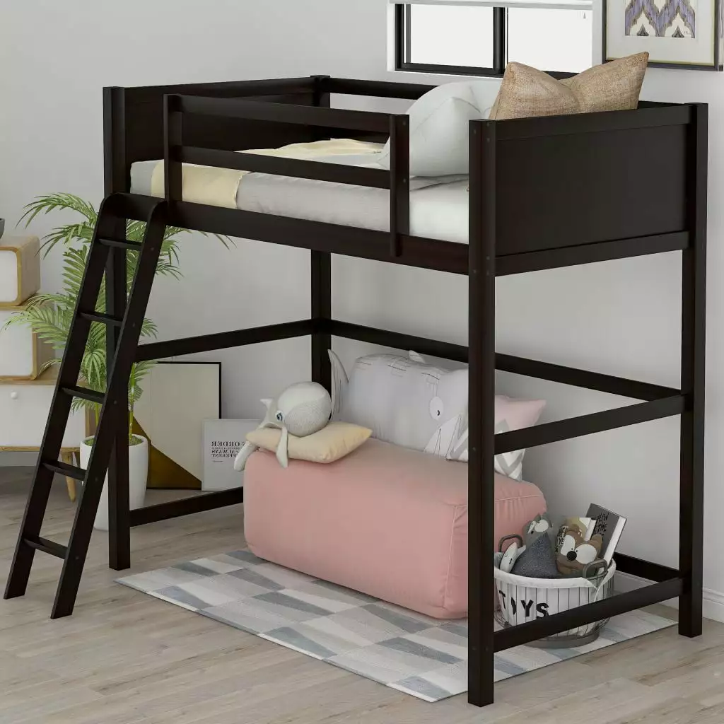 Solid Wood Twin Size Loft Bed. Modern High Loft Bed with Ladder Guardrail. Kids Bedroom. Space-Saving Design Furniture. Espresso. 80.06L x 42.3W x 72H