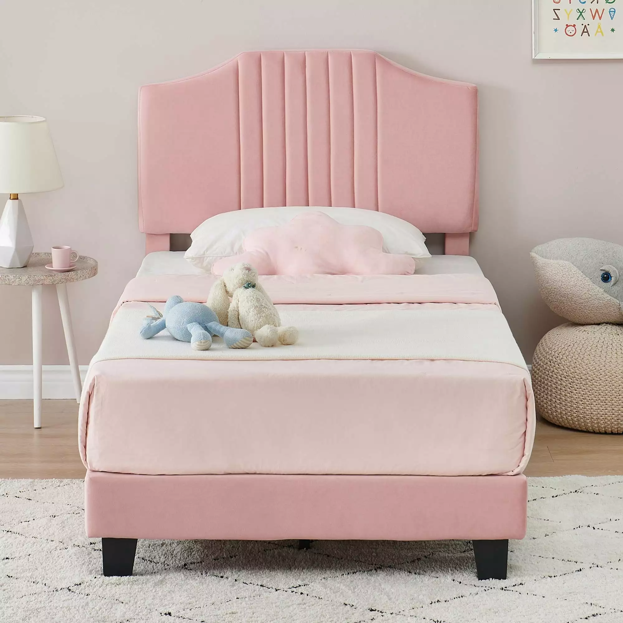 Soonbuy Twin Bed Frame with Headboard. Upholstered Platform Velvet. for Boy or Girl. Pink/Gray