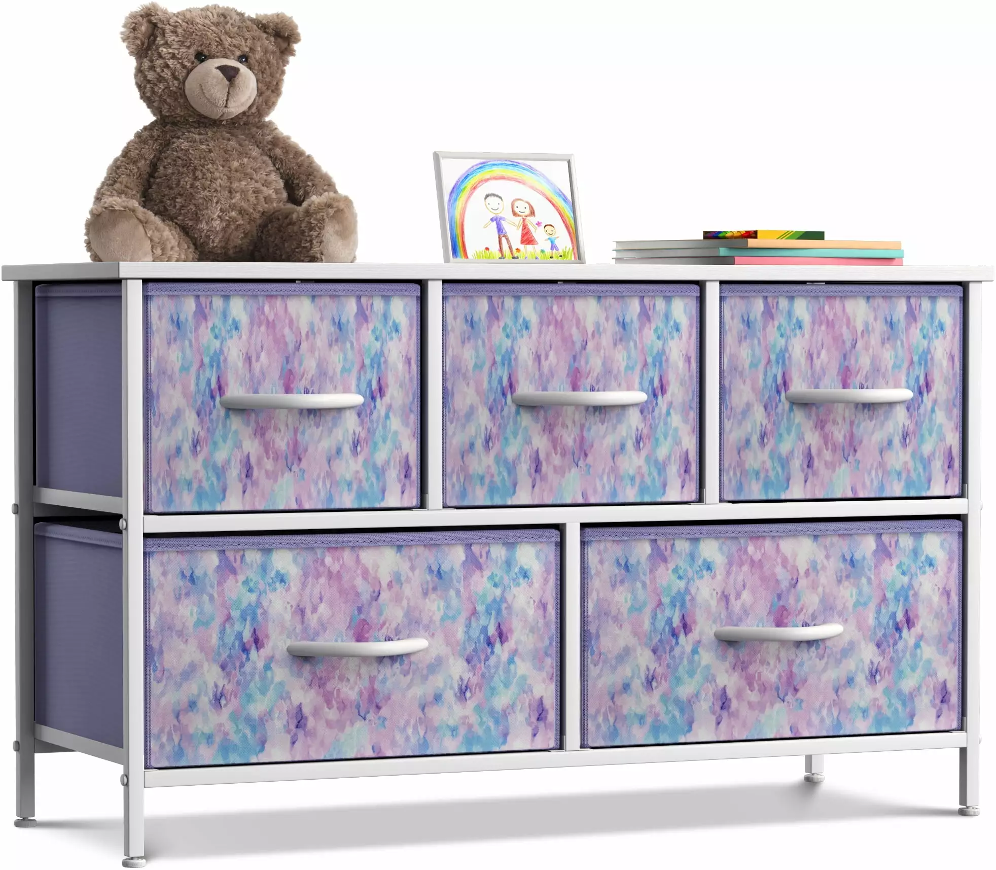 Sorbus Dresser with 5 Drawers - Furniture Storage Chest for Kid's. Teens. Bedroom. Nursery. Playroom. Clothes. Toys - Steel Frame. Wood Top. Fabric Bins (5-Drawer. Tie-dye Blue/Pink/Purple)