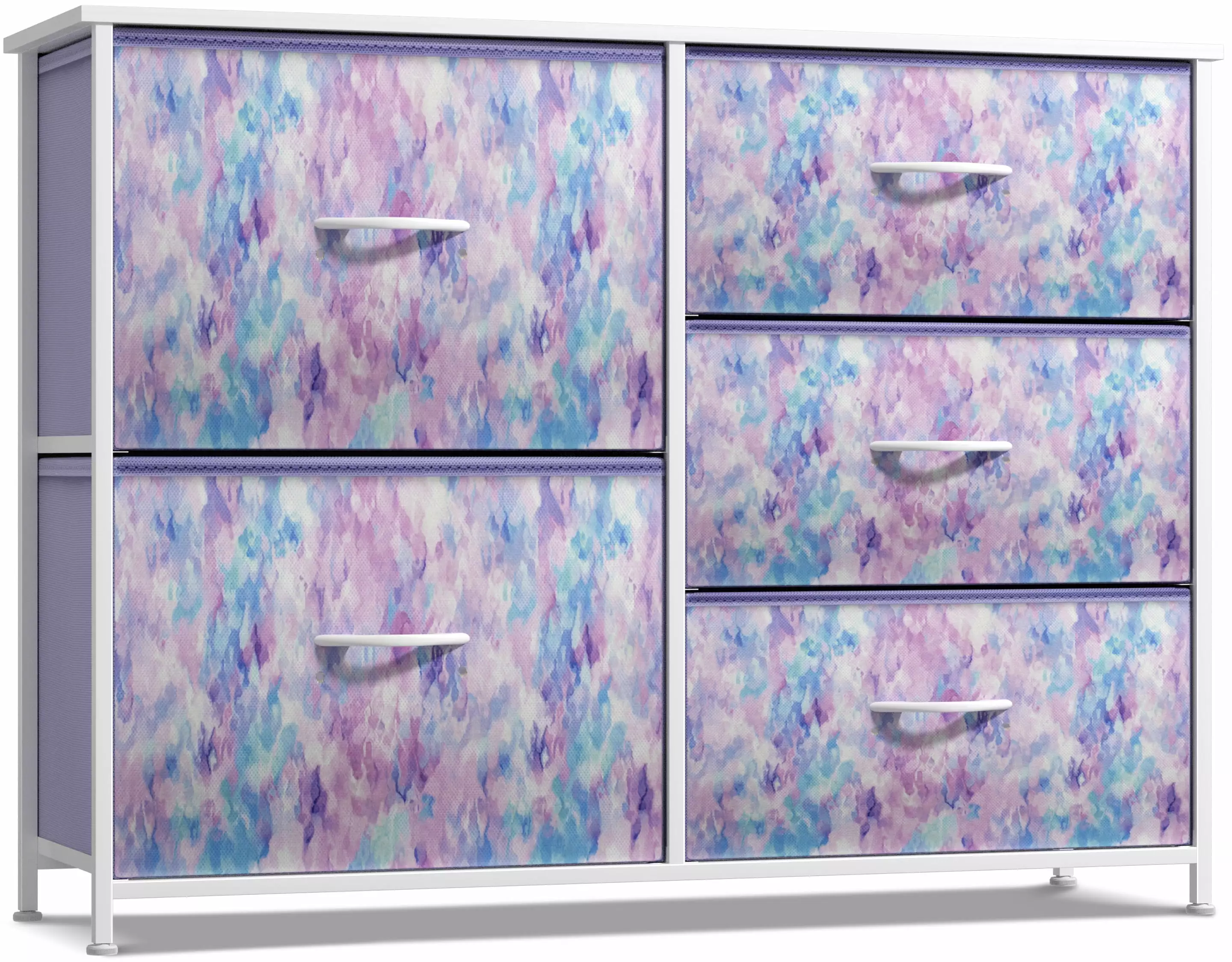 Sorbus Dresser with 5 Drawers - Furniture Storage Chest for Kid's. Teens. Bedroom. Nursery. Playroom. Clothes. Toys - Steel Frame. Wood Top. Tie-dye Fabric Bins (Blue/Pink/Purple)