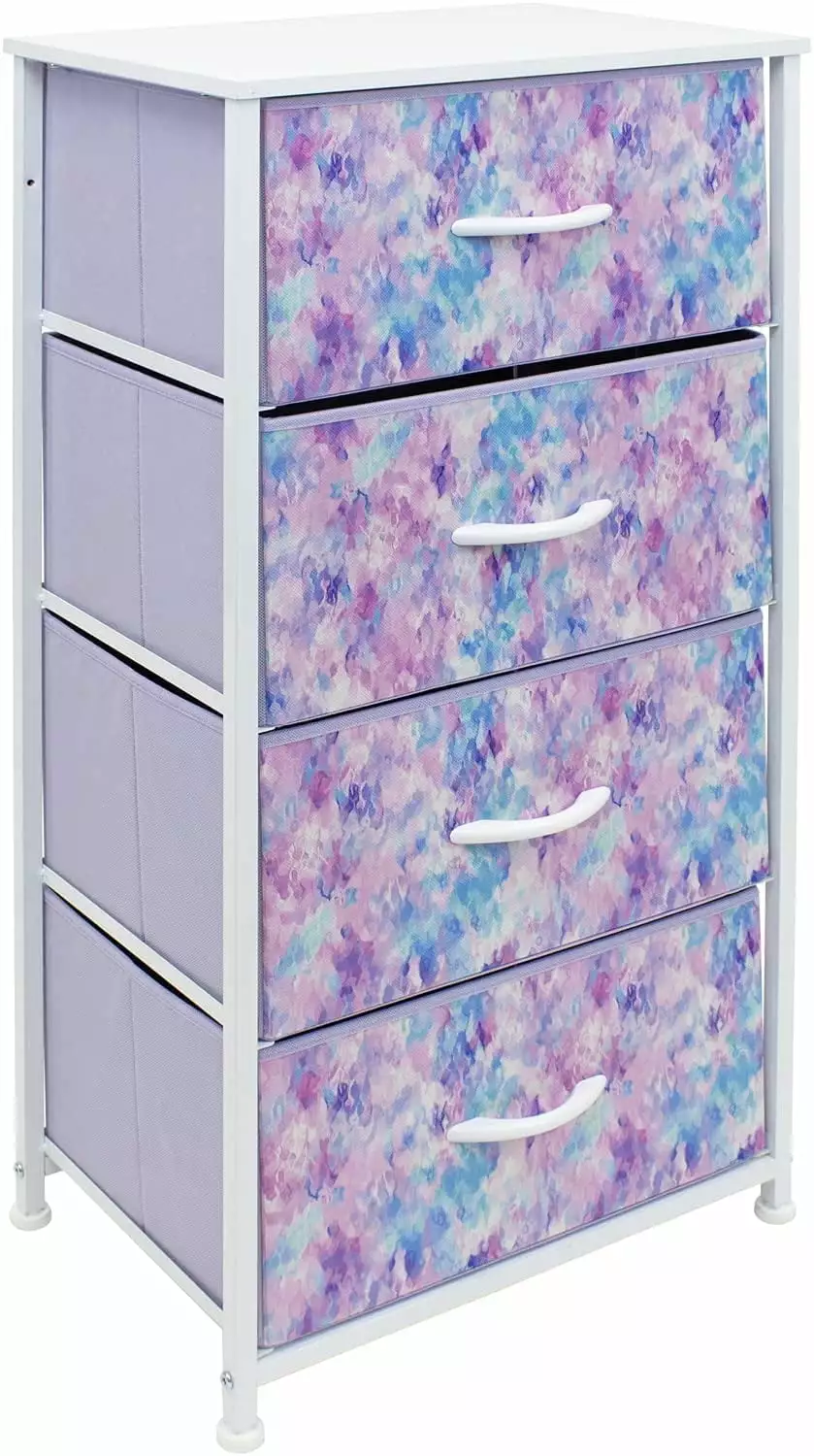 Sorbus Dresser Nightstand with 4 Drawers - Bedside Furniture & Accent End Table Chest for Home. Bedroom. Office. College Dorm. Steel Frame. Wood Top. Tie-dye Fabric Bins (4-Drawer. Blue/Pink/Purple)