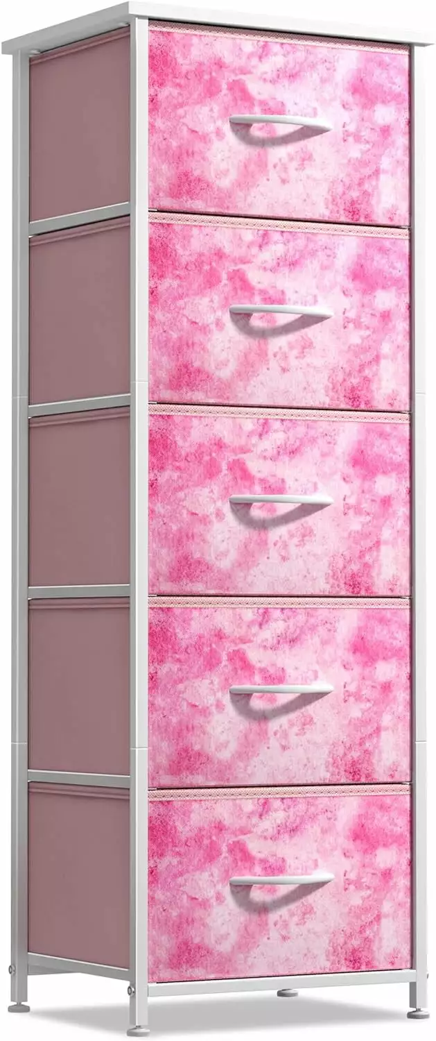 Sorbus Fabric Dresser for Kids Bedroom - Chest of 5 Drawers. Tall Storage Tower. Clothing Organizer. for Closet. for Playroom. for Nursery. Steel Frame. Fabric Bins - Wood Handle (Tie-dye Pink)