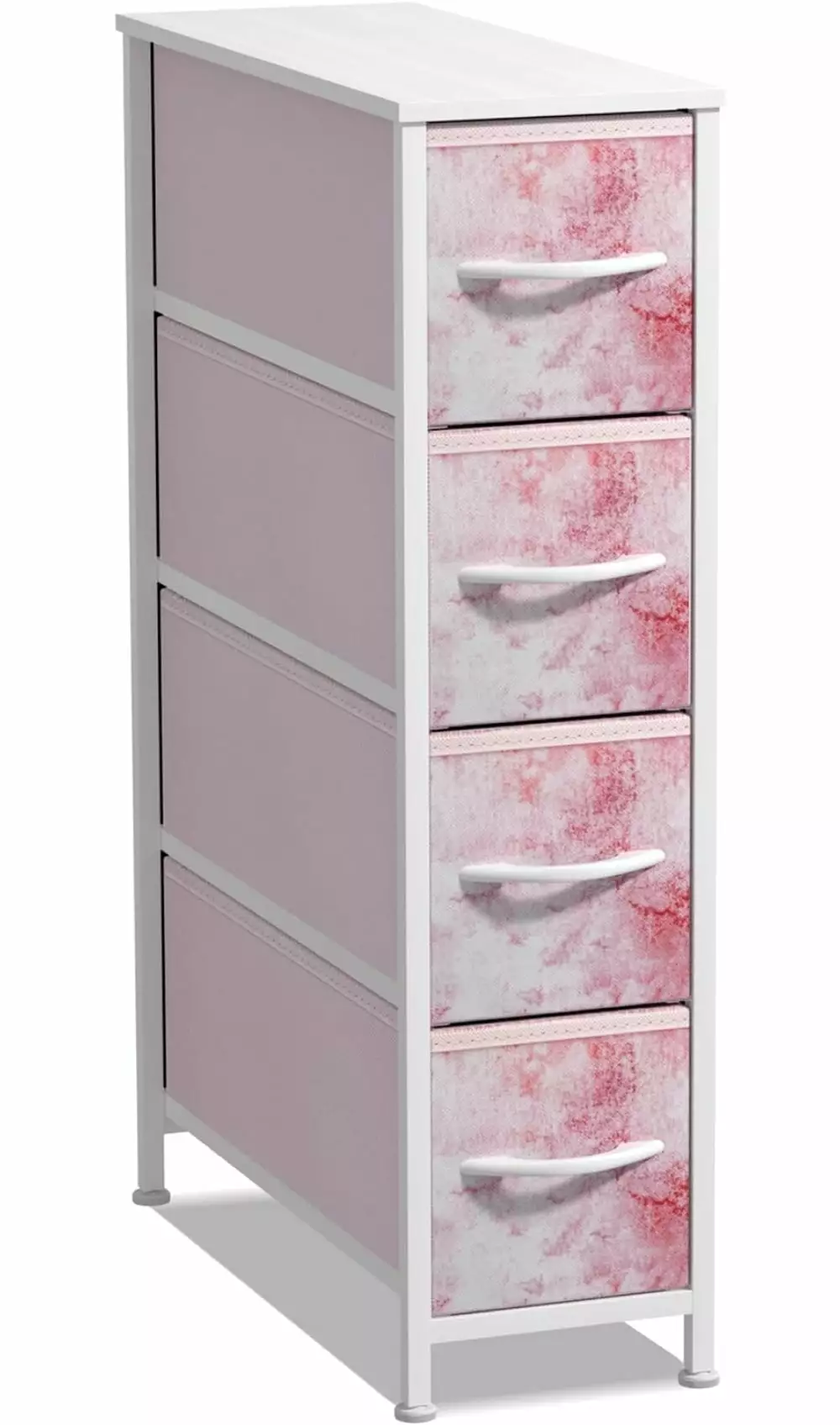 Sorbus Narrow Dresser Tower with 4 Drawers - Vertical Storage for Bedroom. Bathroom. Laundry. Closets. and More. Steel Frame. Wood Top. Tie-dye Fabric Bins (Pink)