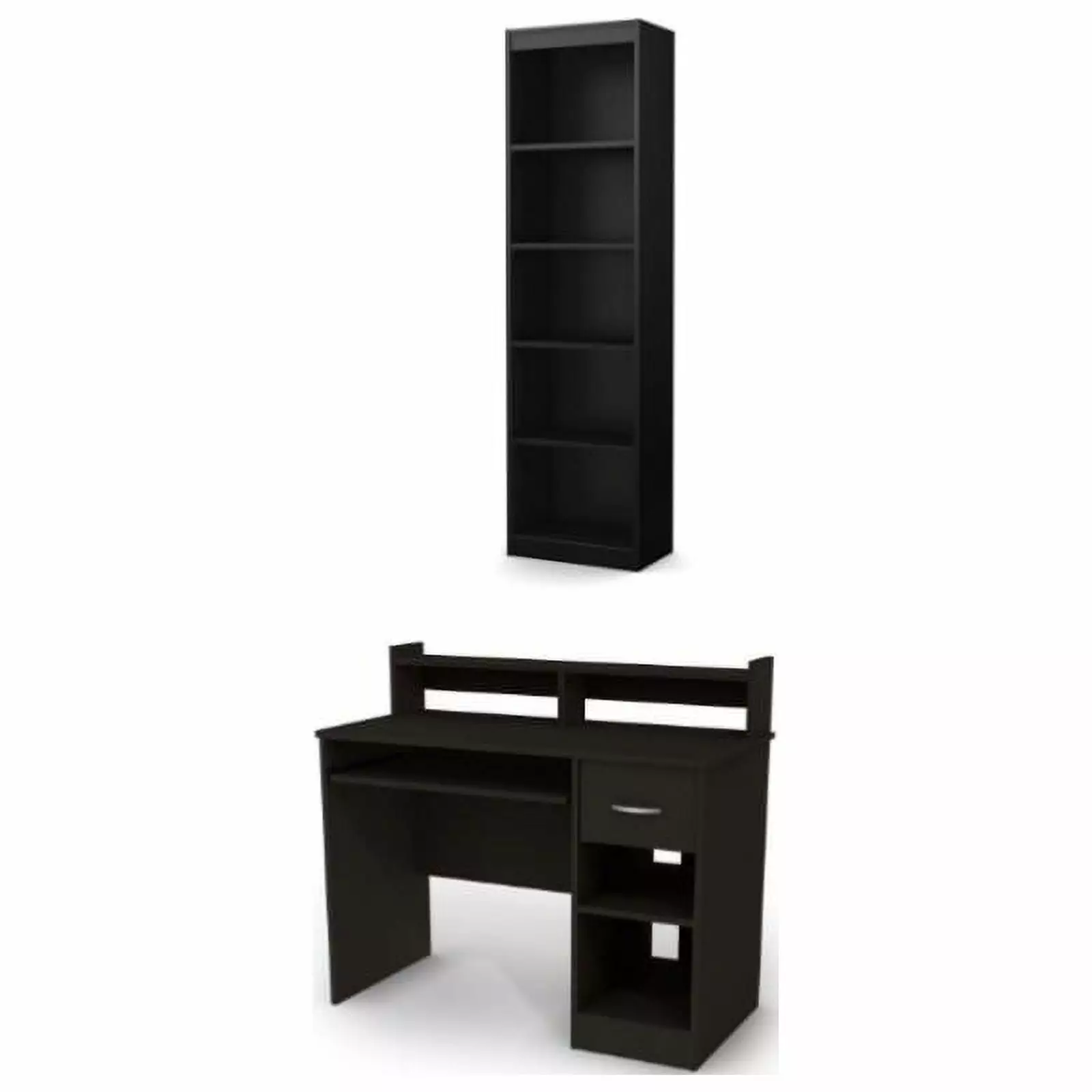 South Shore Axess Desk With Keyboard Tray and 5-Shelf Narrow Bookcase Set Black