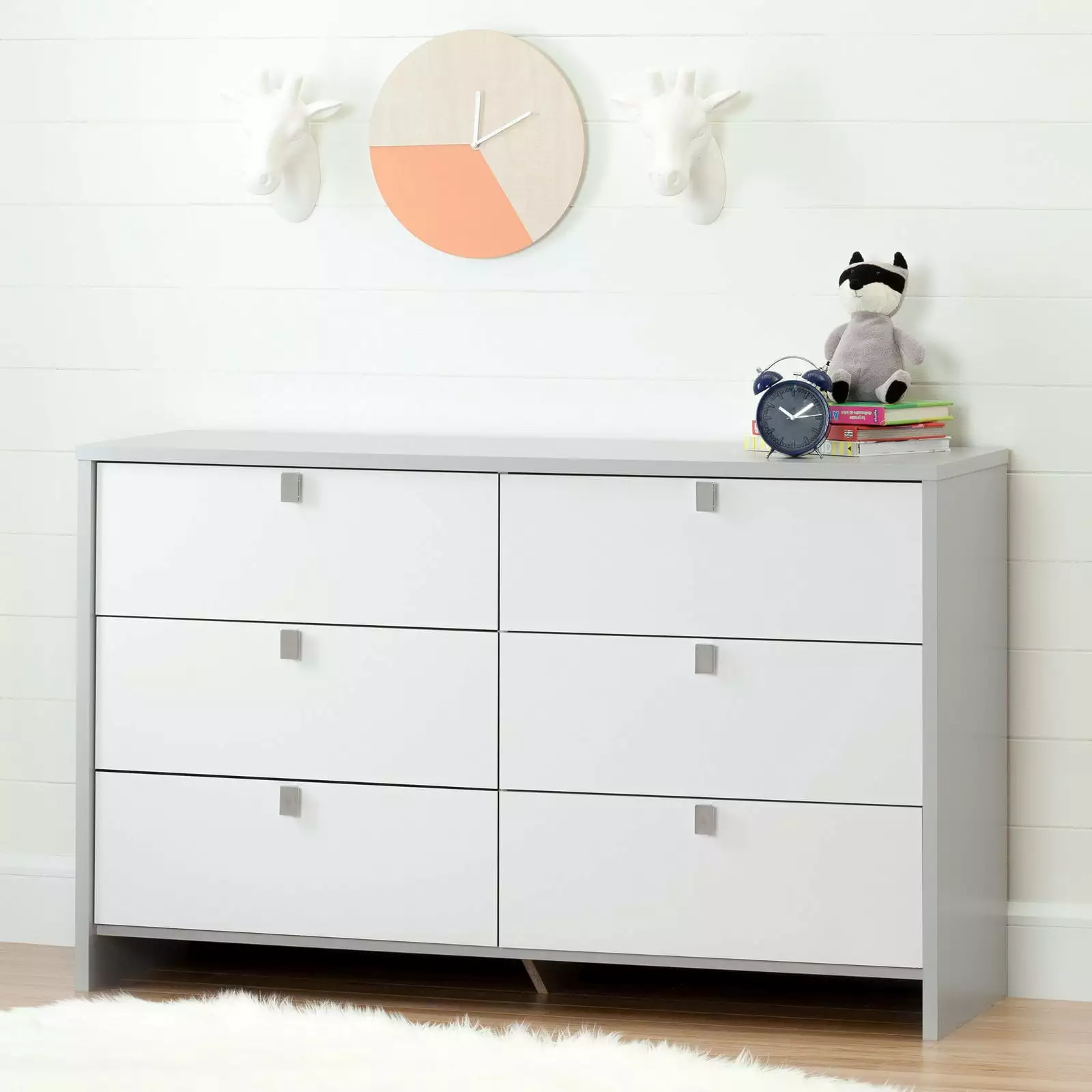 South Shore Cookie 6-Drawer Double Dresser. Soft Gray and Pure White