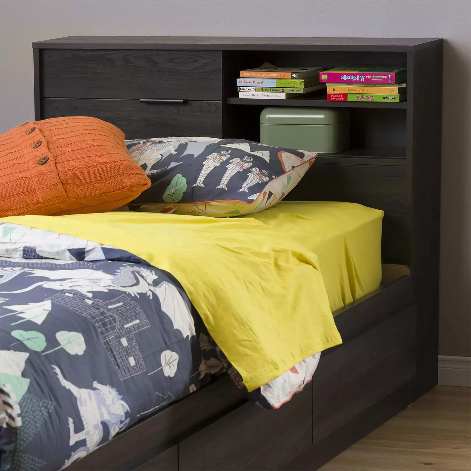 South Shore . Fynn Laminated Particleboard Twin Kids Headboard with Storage in Gray Oak