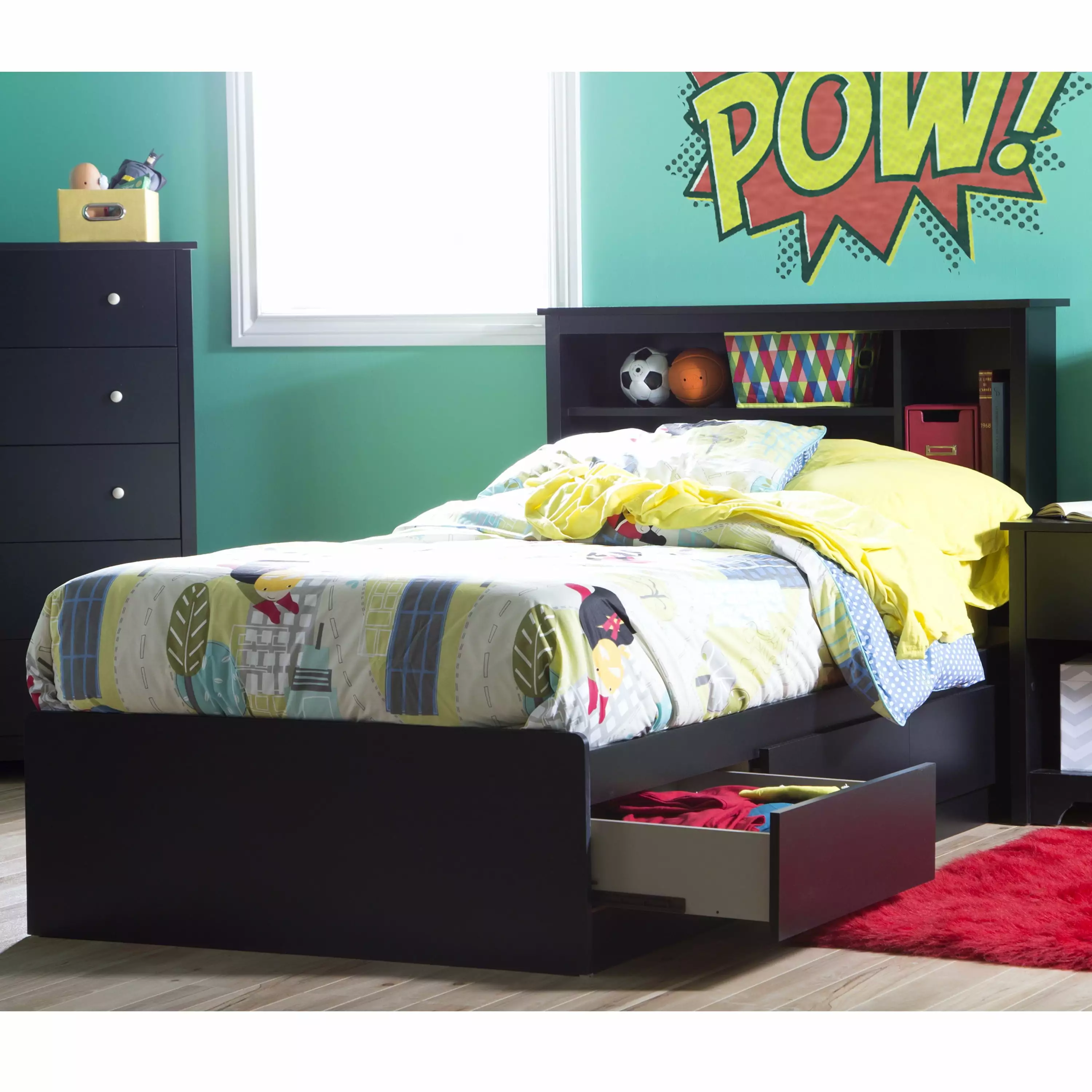 South Shore Vito. Kids Contemporary Twin Mates Bed With Bookcase Headboard Set. Pure Black