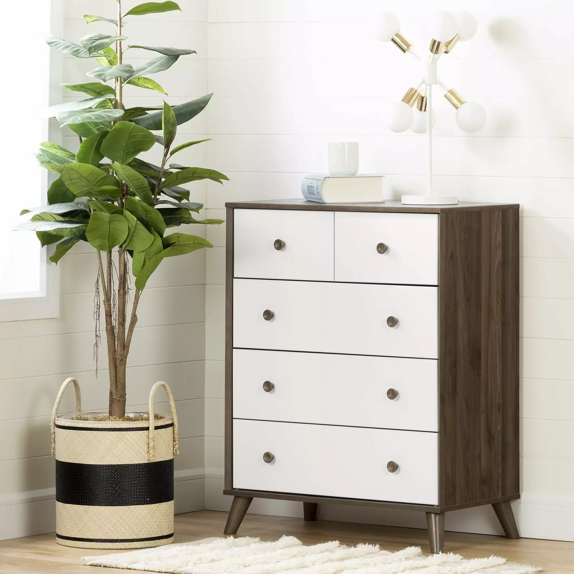 South Shore Yodi Scandinavian 5-Drawers Dresser Natural Walnut and White