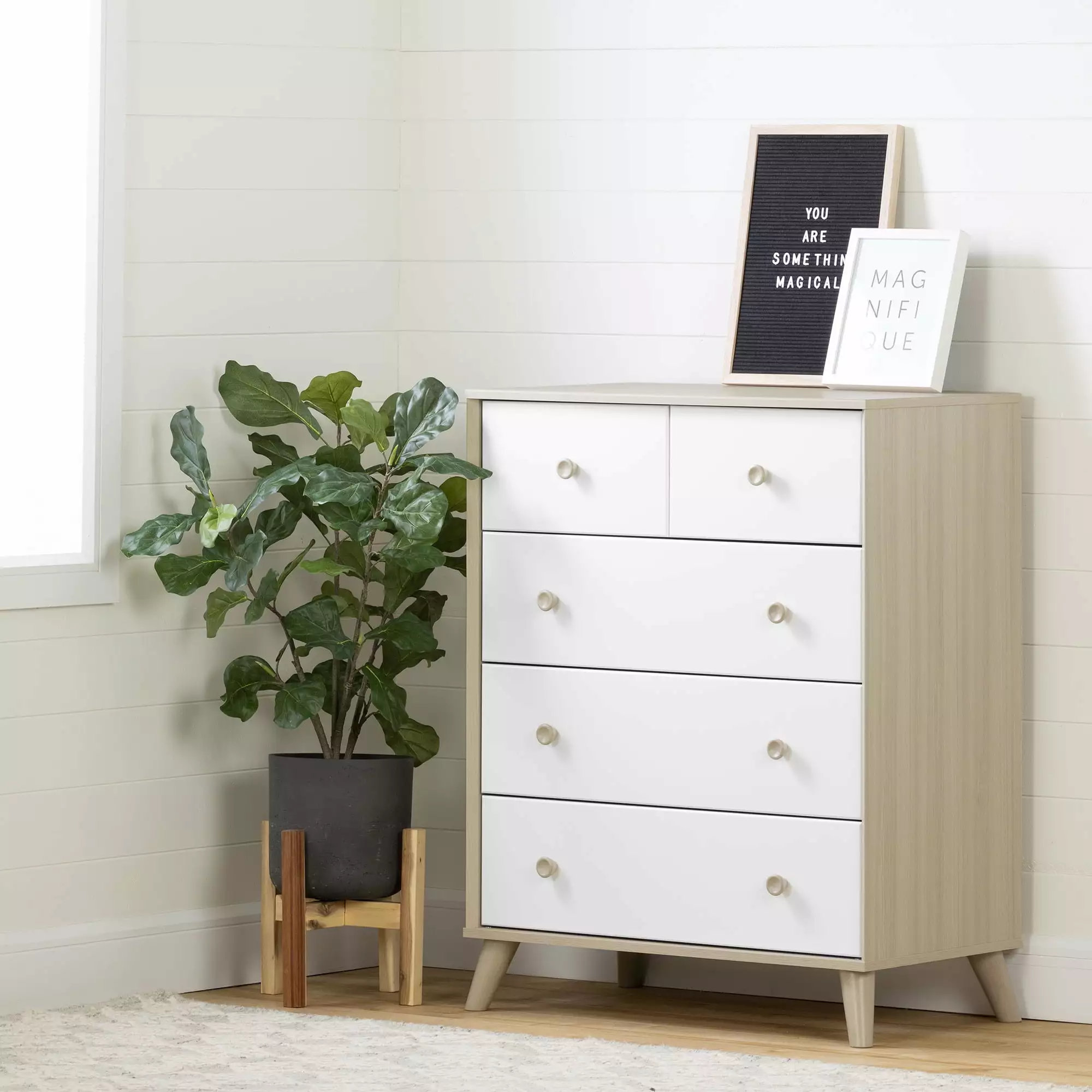 South Shore Yodi Scandinavian 5-Drawers Dresser Soft Elm and White