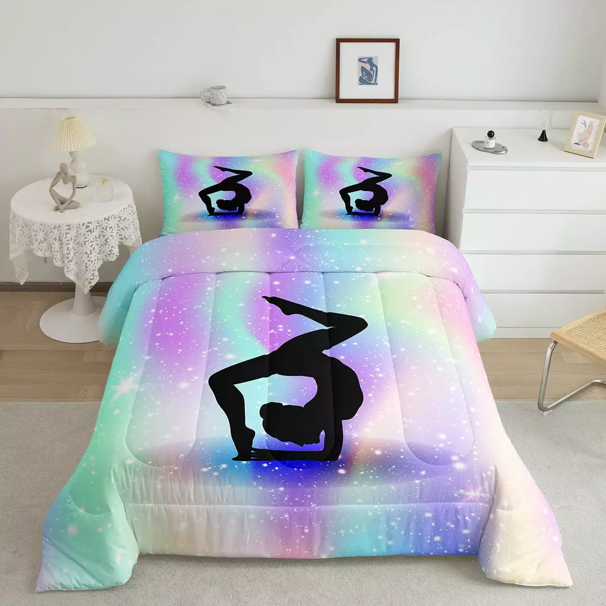 Space Star Glitter Comforter Set Twin Size. Gymnastics Bedding Set Gymnast Gifts For Girls. Gymnastics Lover Bedding Comforter Sets Tie Dye Starry Sky Duvet Insert Rainbow Room Decor. Purple Teal