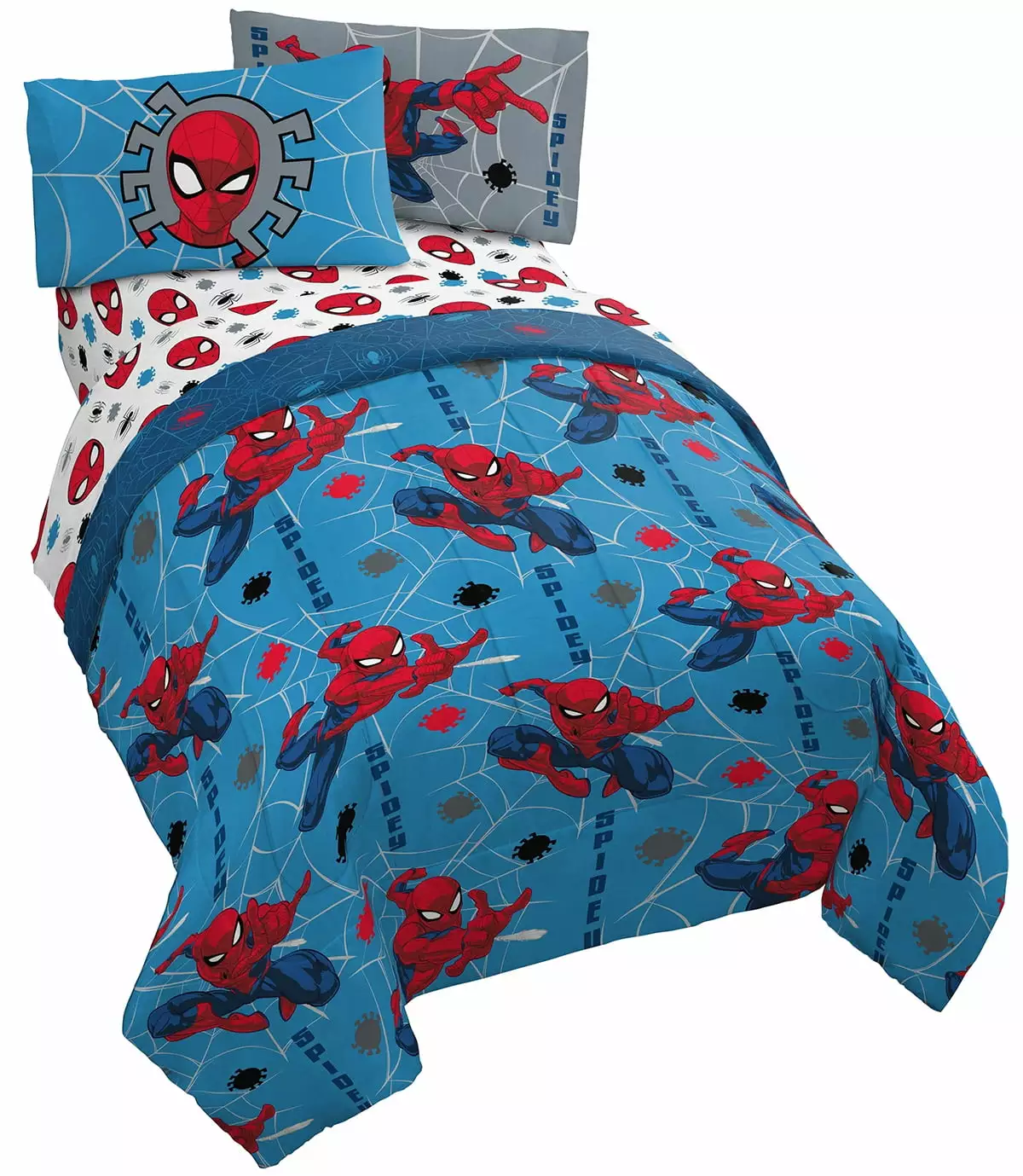 Spider-Man Spidey 4 Piece Kids Twin Bed Set. 100% Microfiber. Blue. Marvel