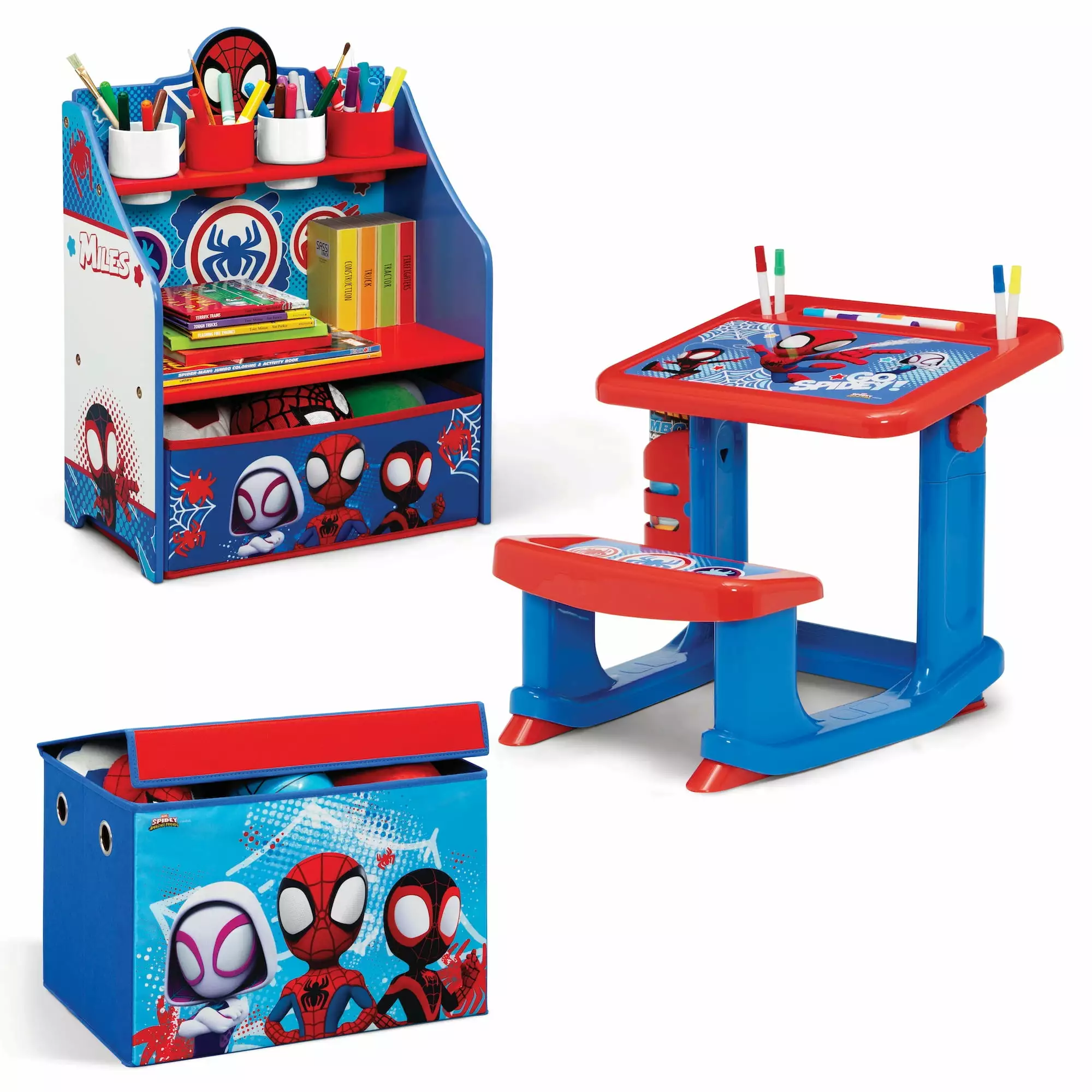 Spidey and His Amazing Friends 3-Piece Art & Play Toddler Room-in-a-Box by Delta Children ?C Includes Draw & Play Desk. Art & Storage Station & Fabric Toy Box. Blue