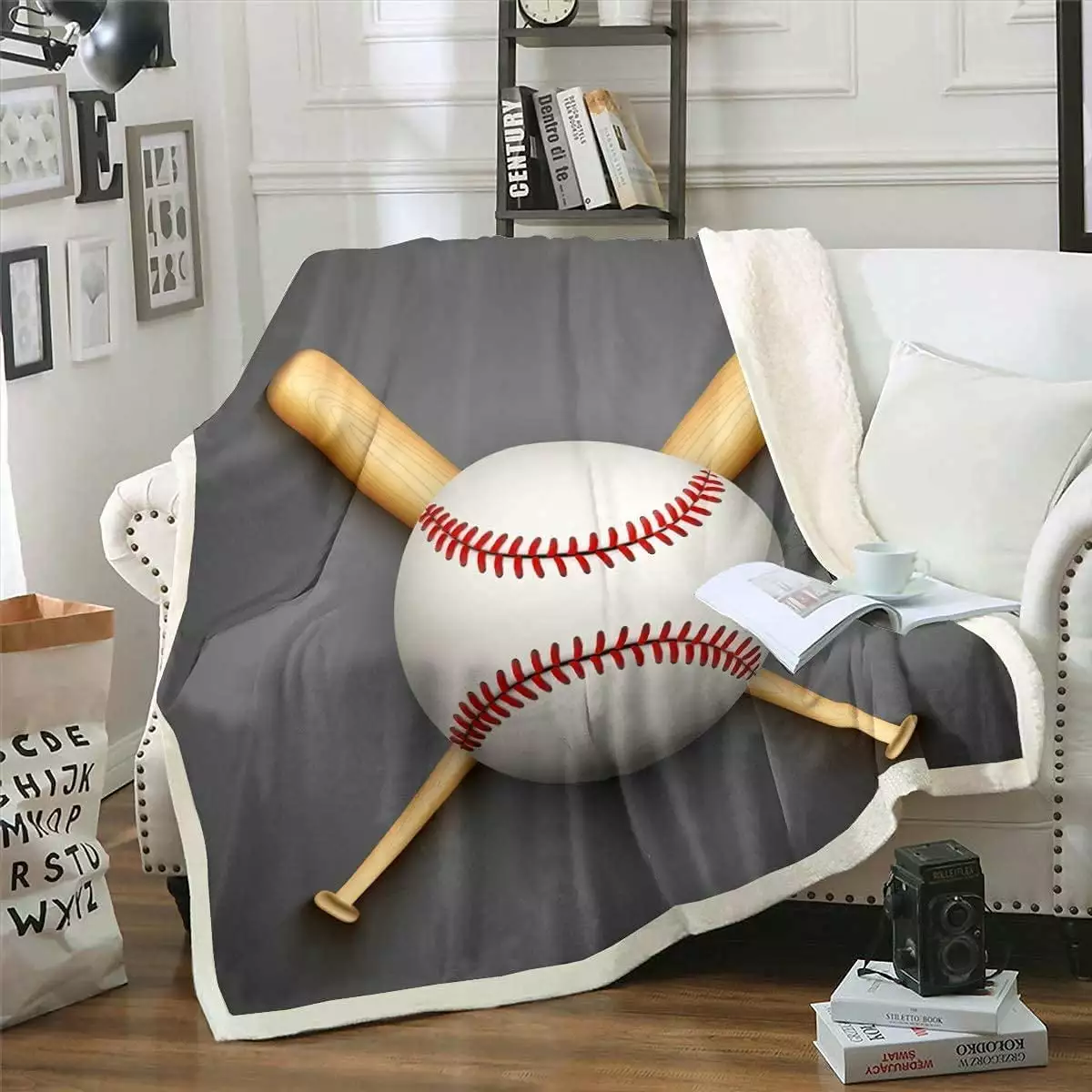 Sports Baseball Fleece Throw Blanket 3D Baseball Bat Printed Sherpa Blanket for Kids Boys Teens 3D Baseball Plush Blanket Lightweight Sports Bedspread Throw 50x60 Inch.Gray