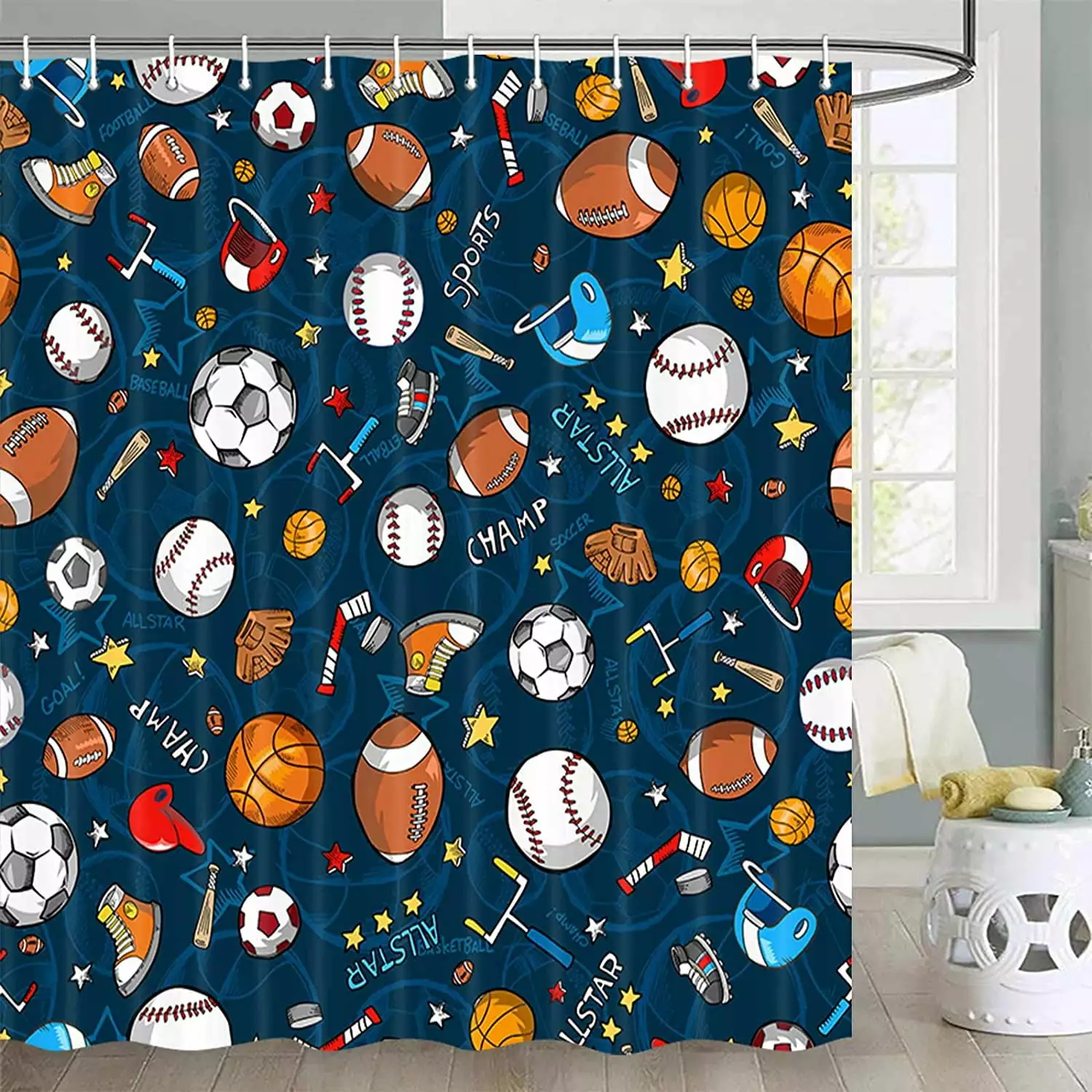 Sports Shower Curtain for Kids Children Teens. Basketball Football Baseball Hockey Star Blue Shower Curtain Sports Bathroom Decor. Fabric Baseball Shower Curtain Set with Hooks Dark Blue(72X72)