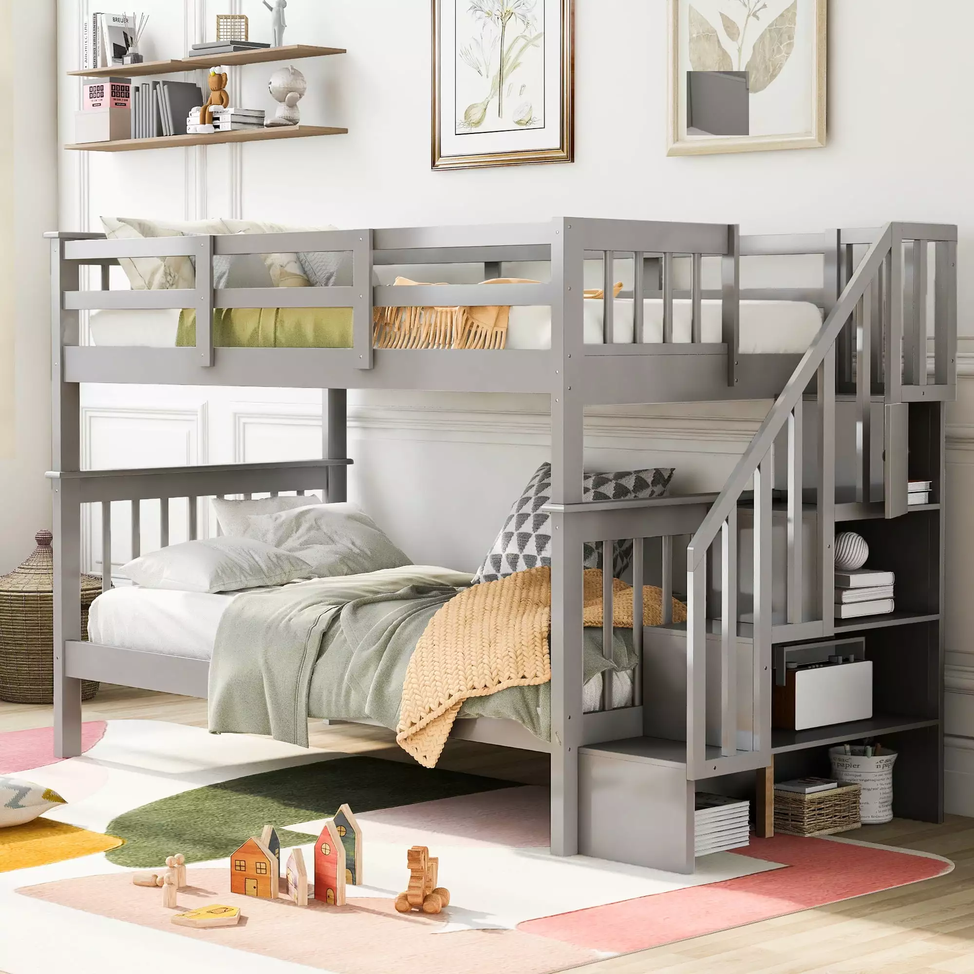 Stairway Twin-Over-Twin Bunk Bed With Storage And Guard Rail For Bedroom. Dorm. Gray Color