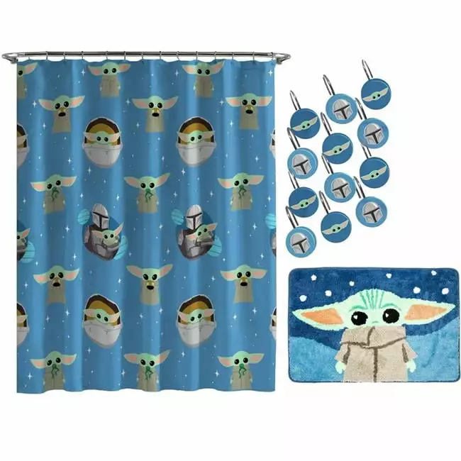 Star Wars 820826 Star Wars The Mandalorian & Grogu Shower Curtain & Rug Set, 14 Piece