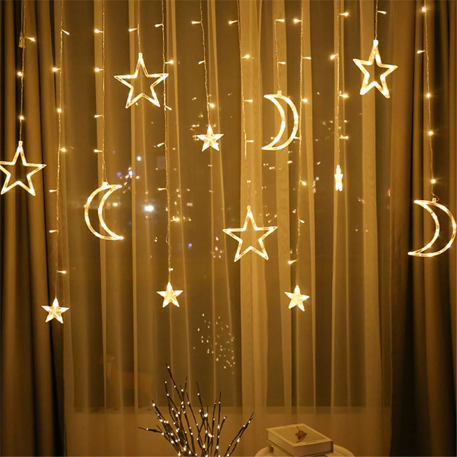 Star and Moon String Lights Ramadan Decorations LED Curtain Light for Bedroom USB Powered Light Fairy String Lights with Cable Clips Wedding Party