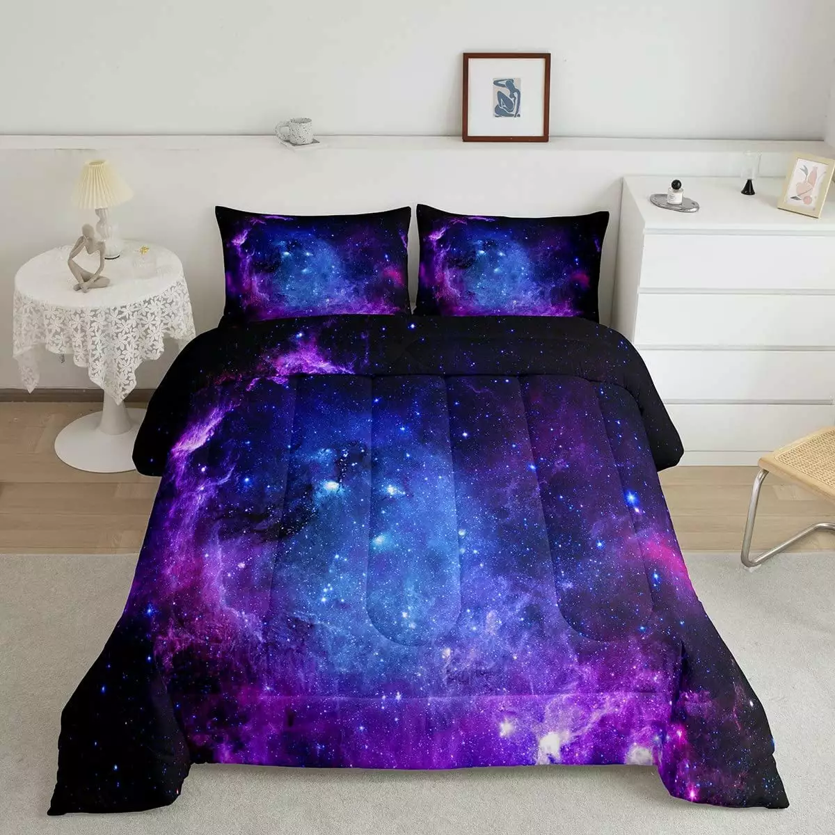 Starry Sky Down Alternative.Galaxy Comforter Set.Blue Purple Outer Space Constellation Down Comforter.Room Decor Quilted Duvet with 1 Pillowcase for Kids Child Teens Teenager Adult Girls.Twin Size