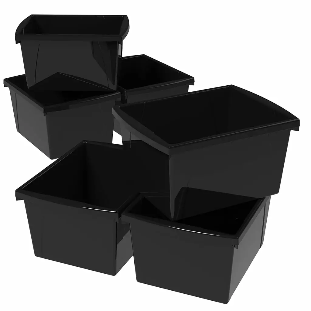 Storex 4 Gallon Plastic Storage Bin for Kids. Letter Size. Black. 6-Pack