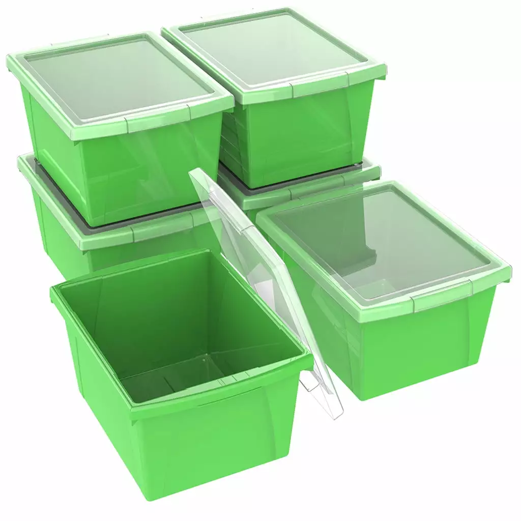 Storex 4 Gallon Plastic Storage Bin with Lid for Kids. Letter Size. Green. 6-Pack