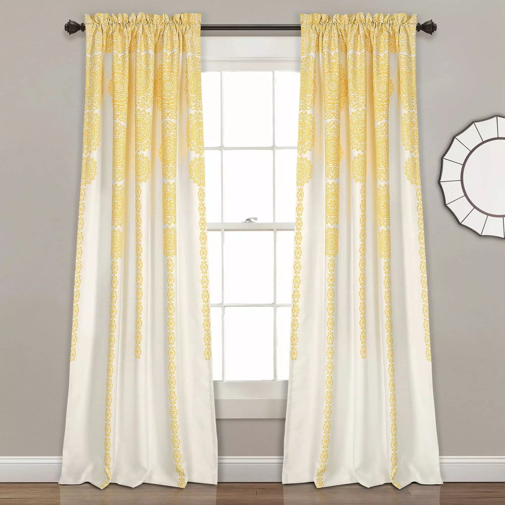 Stripe Medallion Room Darkening Window Curtain Panels Yellow 52x84+2 Set