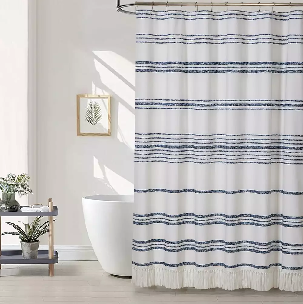 Stripe Modern Farmhouse Cloth Fabric Shower Curtain with Tassels .Luxury 100% Cotton Shower Curtain Bathroom Decor.72 W x 72 H .Navy Blue