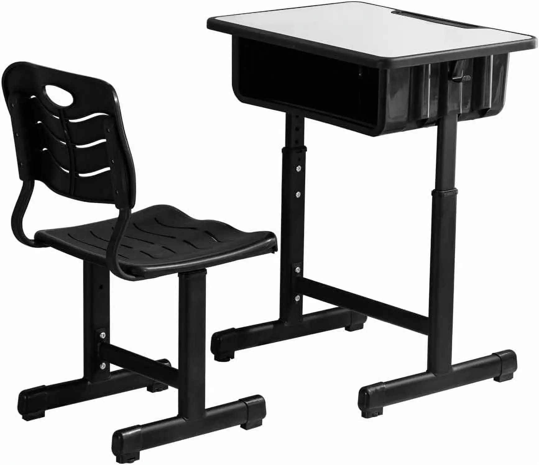 Student Desk and Chair Combo. Height Adjustable Children's Desk and Chair Workstation with Drawer. Pencil Grooves and Hanging Hooks for Home. School and Training (Black&White)