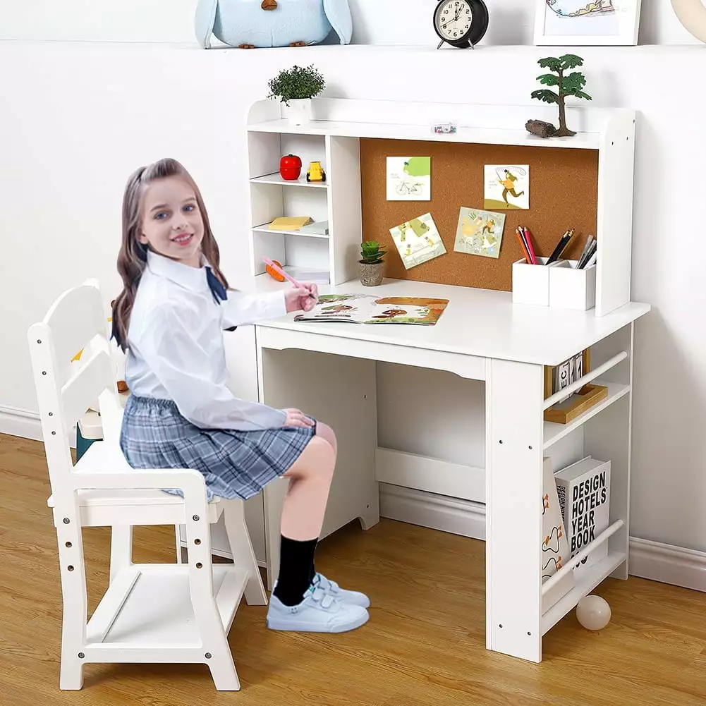 Study Desk and Chair for Kids. White Learning Table with Bookshelf. Bulletin Board and Cabinets. for Boys and Girls. 3-8 Y