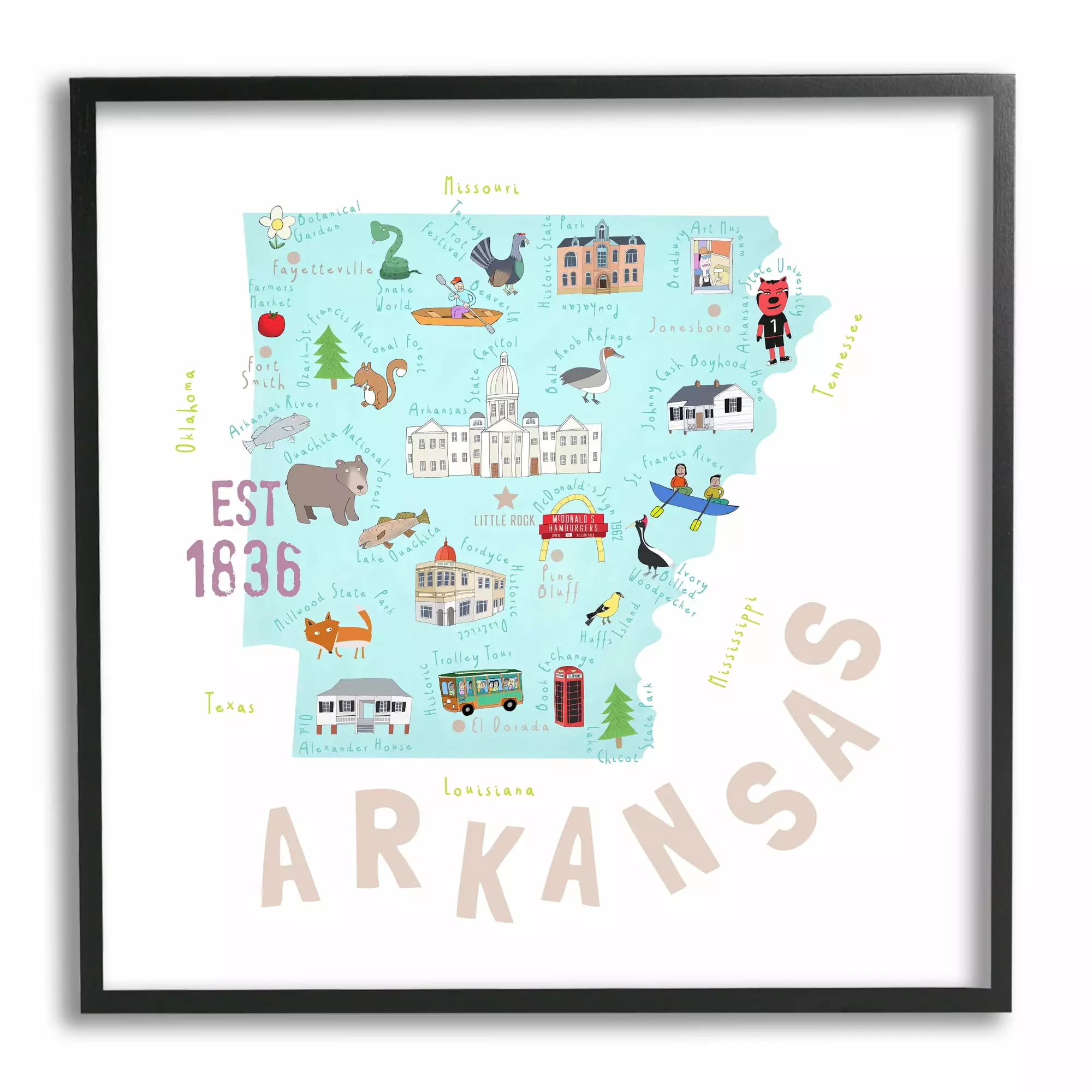 Stupell Industries Arkansas Landmark Doodles Map Travel & Places Painting Black Framed Art Print Wall Art