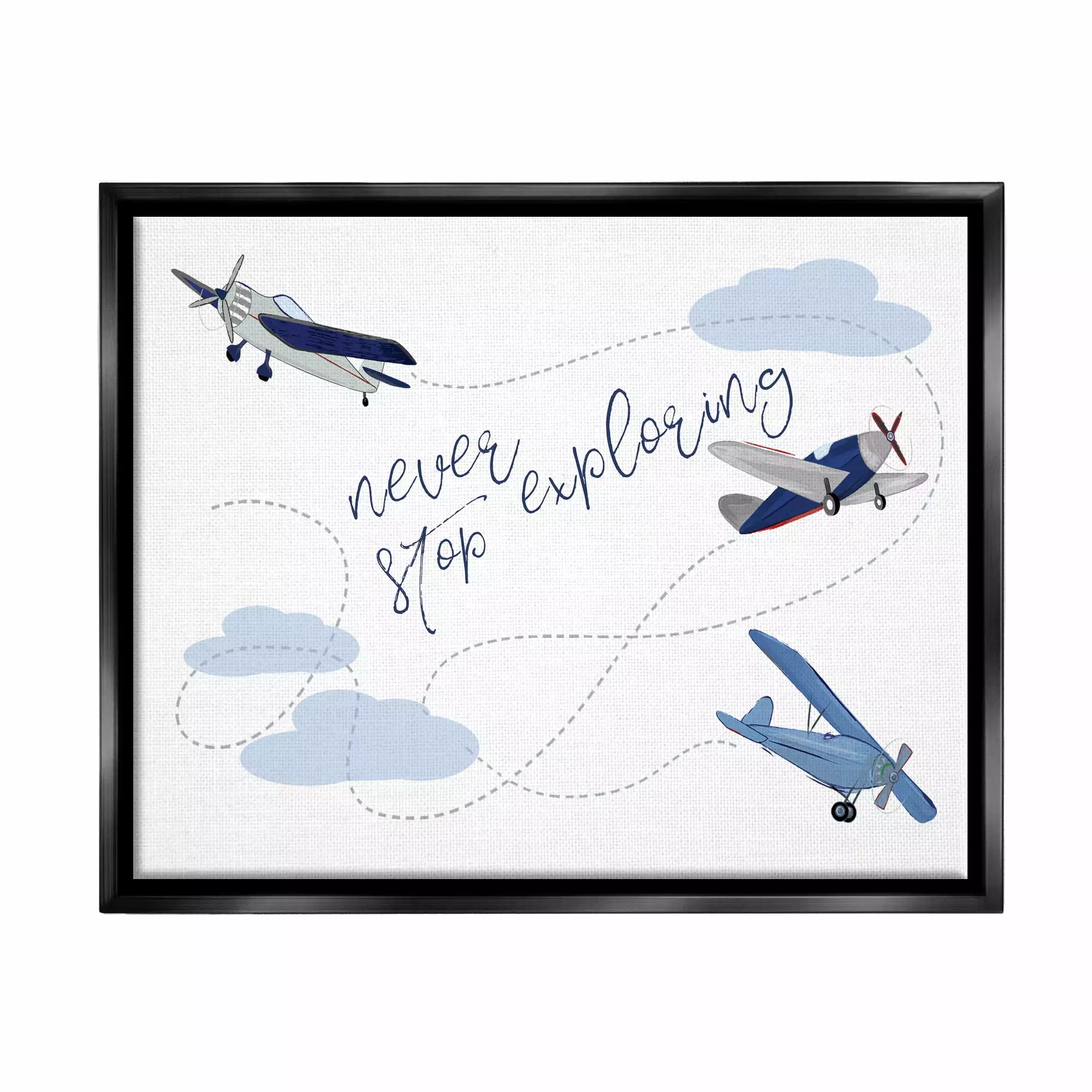 Stupell Industries Never Stop Exploring Airplanes Jet Black Framed Floating Canvas Wall Art. 16x20. by Sweet Pea Studio