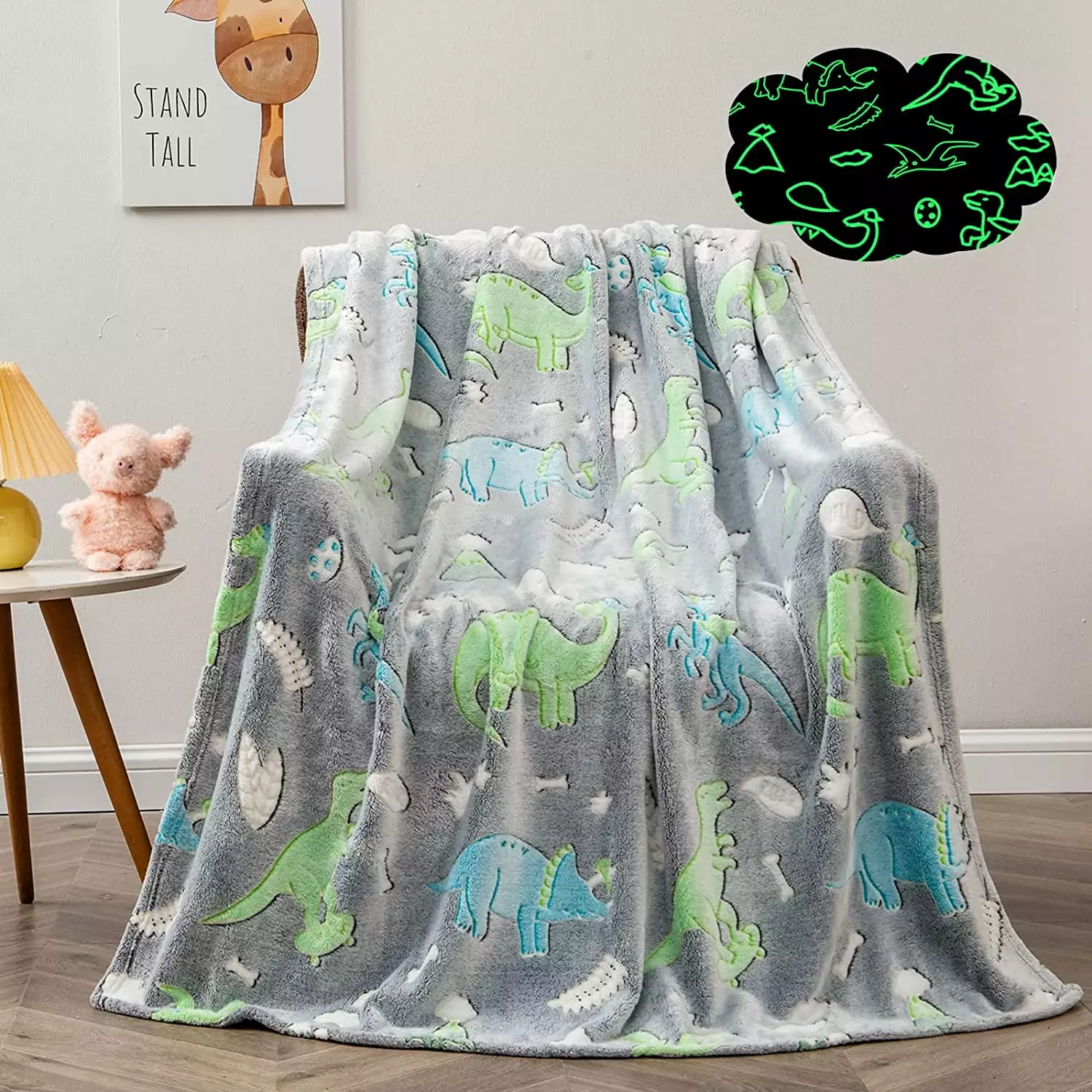 Style-Carry Glow in Dark Blanket Dinosaur Gifts for Boys. Flannel Furry Blanket. 60in x 50in