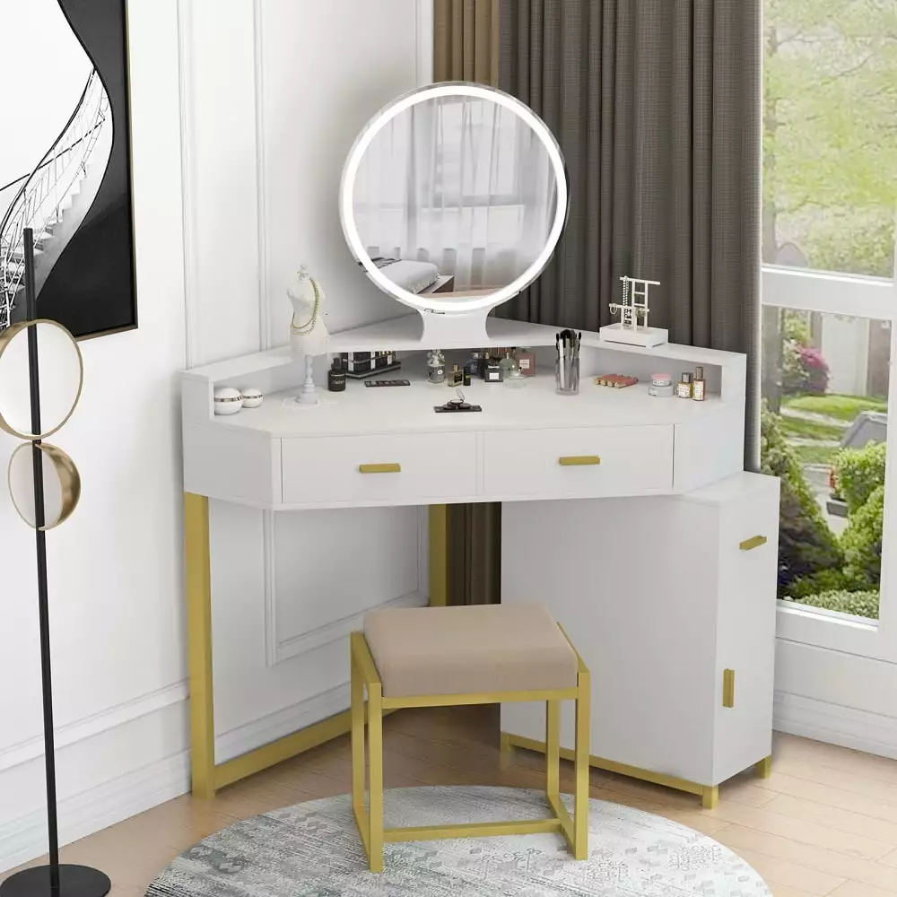 Stylish Lighted Vanity-Set. Corner Computer Desk/Makeup Vanity Table with Removable Lighted Mirror Monitor Shelf. Writing Dressing Table with 4 Large Drawers & Cushioned Stool for Bedroom Workstation