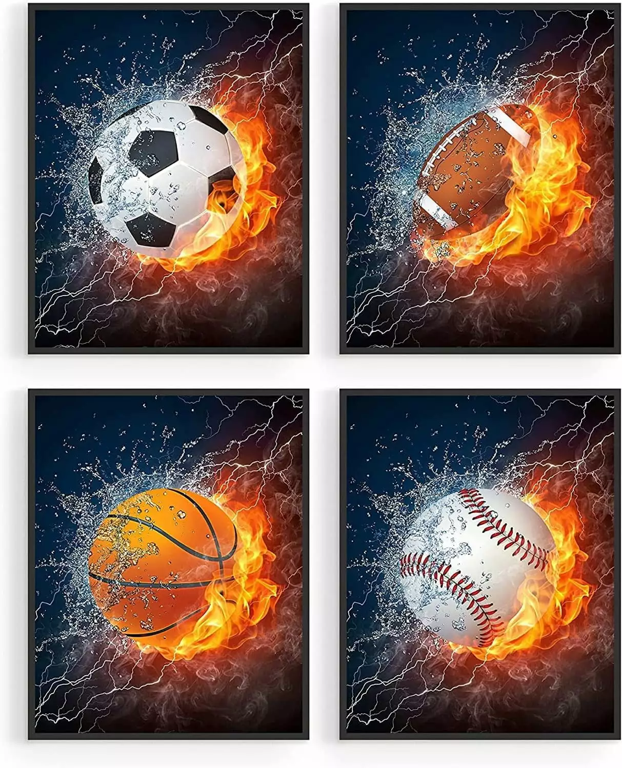 Summit Designs Flame Sports Balls Wall Art Decor Poster Photos Basketball Baseball Soccer Football. Unframed Set of 4 (8x10)