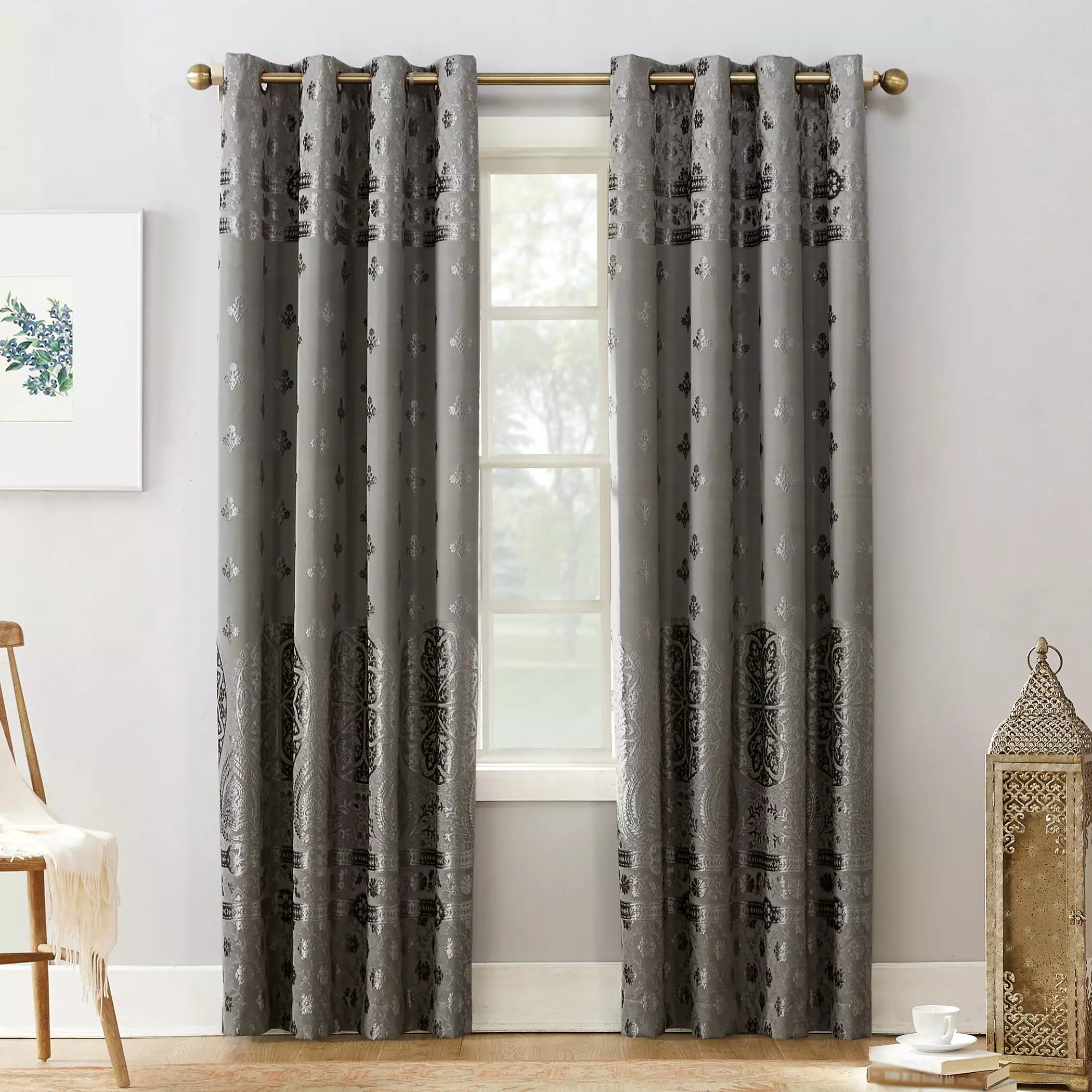 Sun Zero Elidah Velvet Texture Medallion Blackout Grommet Curtain Panel. 50x84. Gray