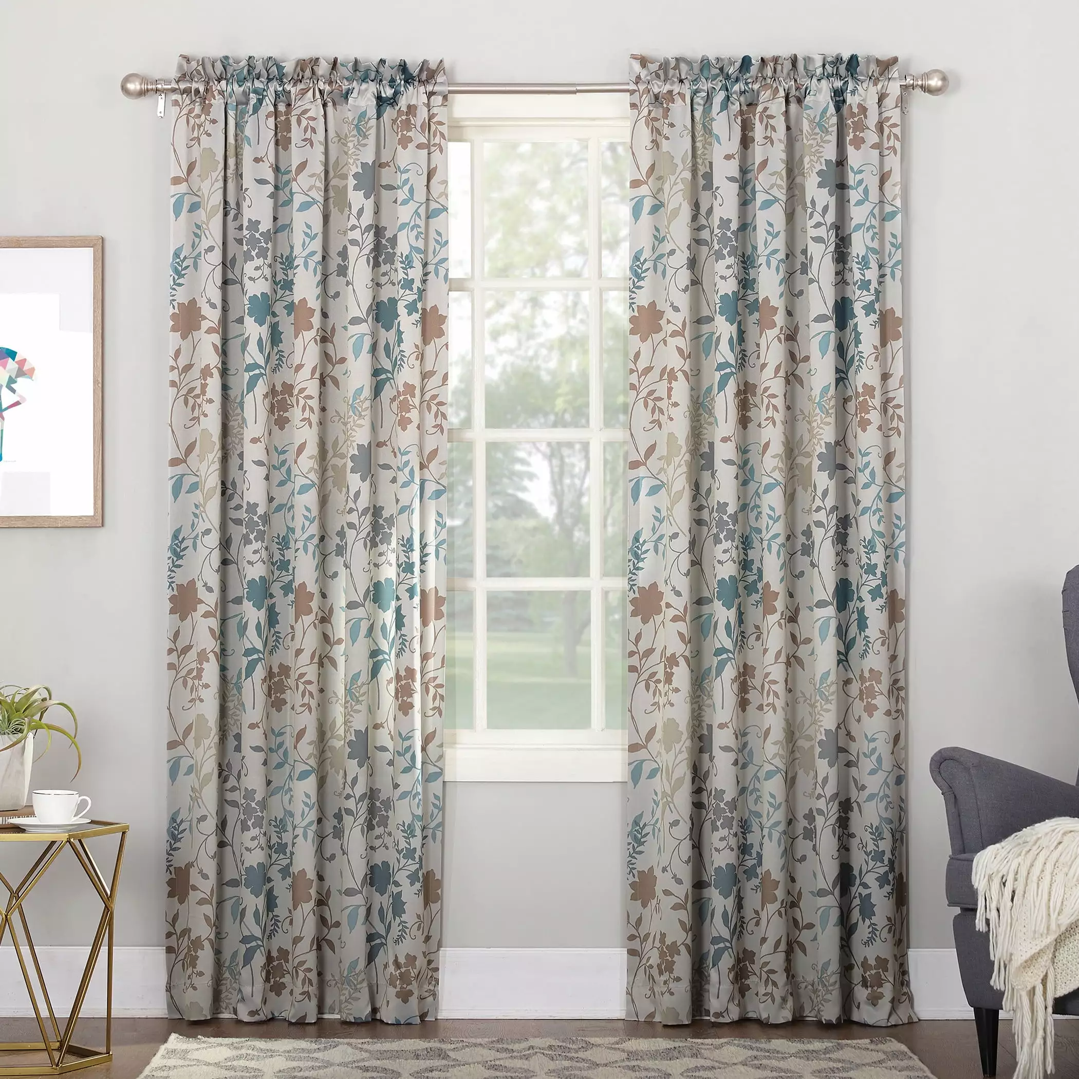 Sun Zero Oakland Rod Pocket Room Darkening Floral Print Window Single Curtain Panel. 54 x 63. Stone