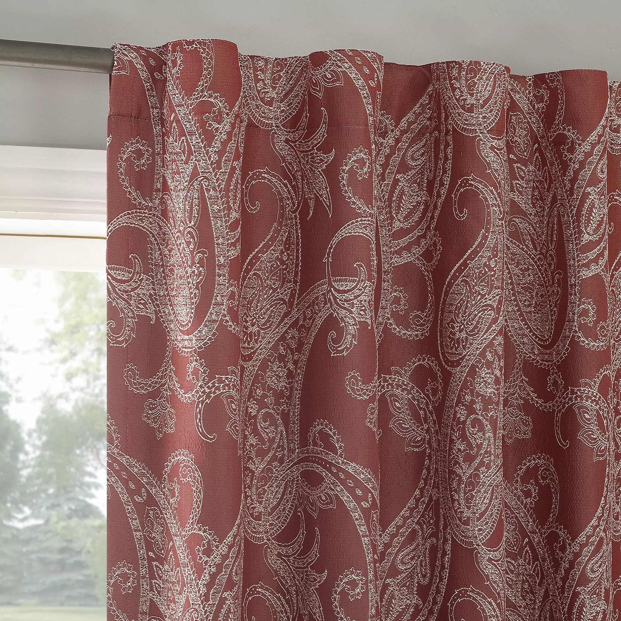 Sun Zero Pedra Paisley Embroidery 100% Blackout Back Tab Curtain Panel. 40x84. Rustic Red