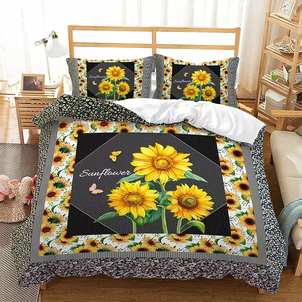 Sunflower Butterfly Bedding Set 3pcs for Kids Girls Room Decor.Plants Animals Rustic Farmhouse Comforter Cover.Romantic Bright Quilt Cover. 1 Quilt Cover and 2 Pillowcases