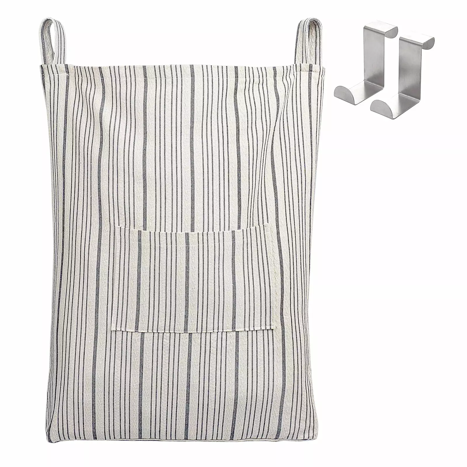 Sunlit Farmhouse Hanging Laundry Hamper with 2 Hooks. Washable Beige & Stripes Linen Laundry Bag with Zipper & Wide Open Top. Over the Door Organizer for Dirty Clothes. Space Saving Storage