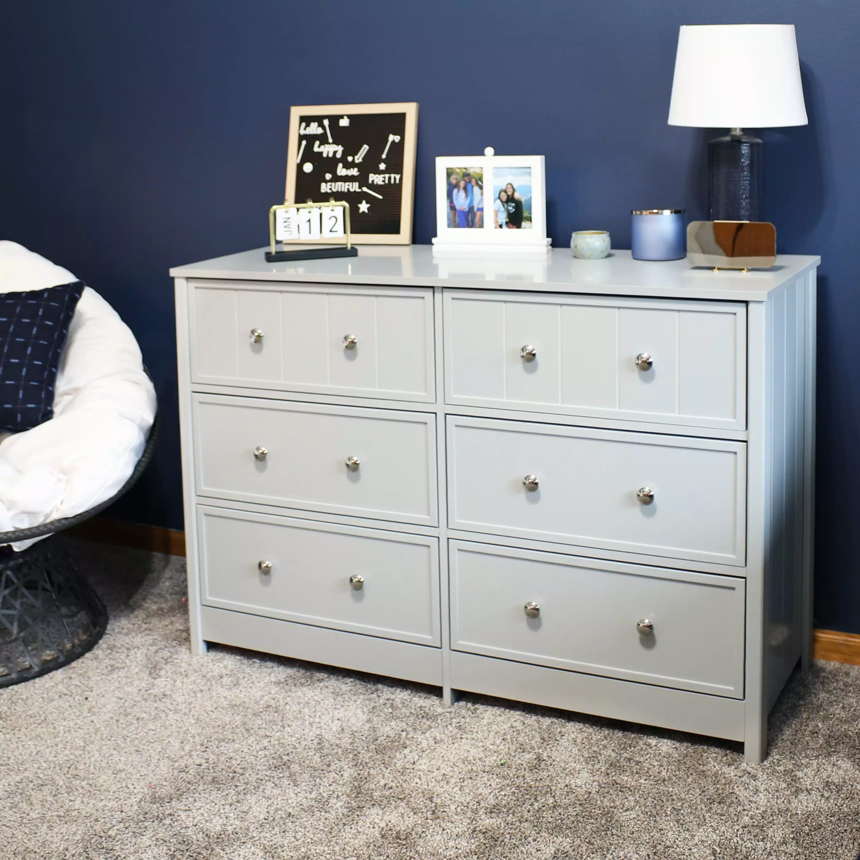 Sunnydaze Beadboard Double Dresser with 6 Drawers - Gray - 31.5